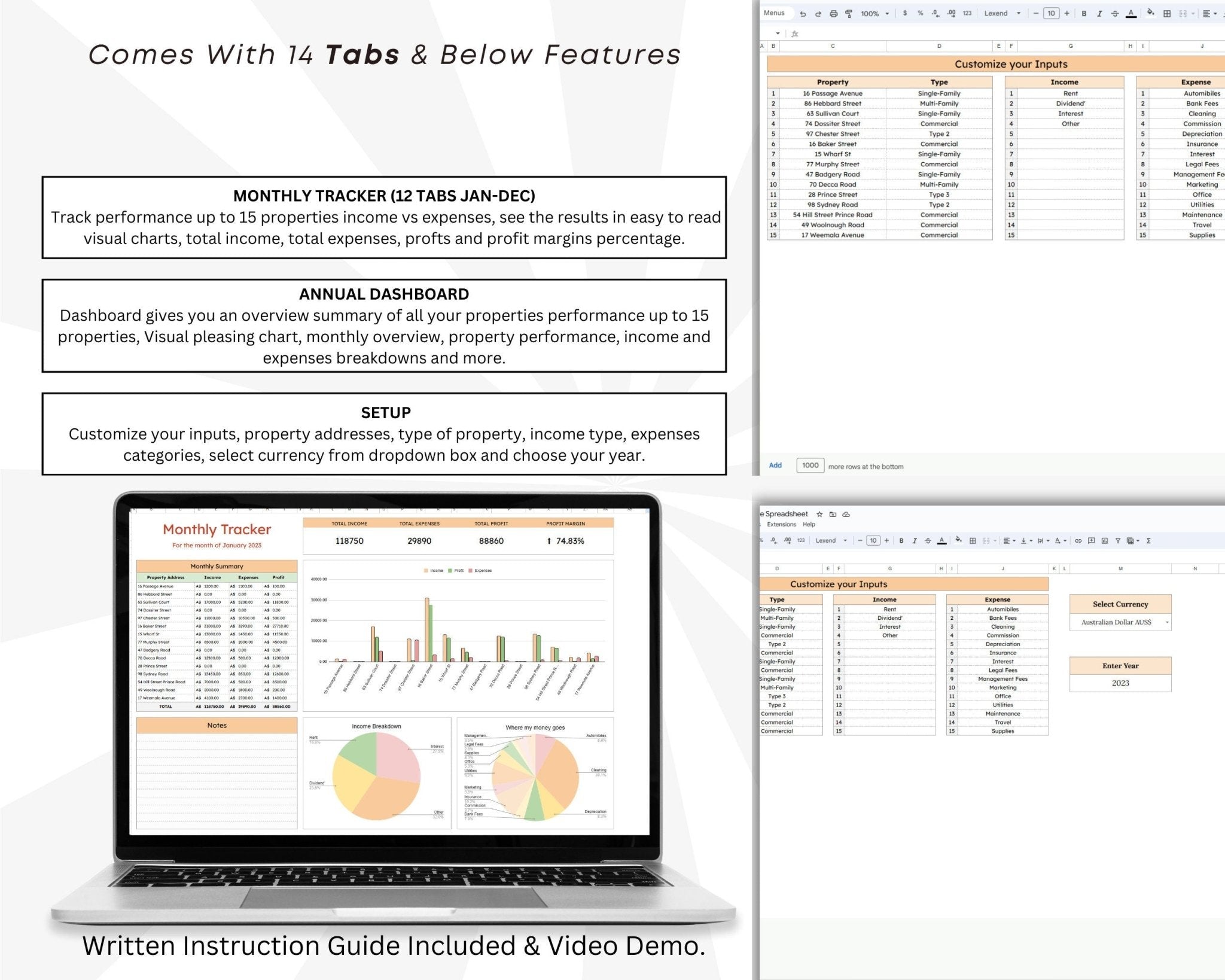 Real estate income and expense spreadsheet template with monthly and annually dashboard