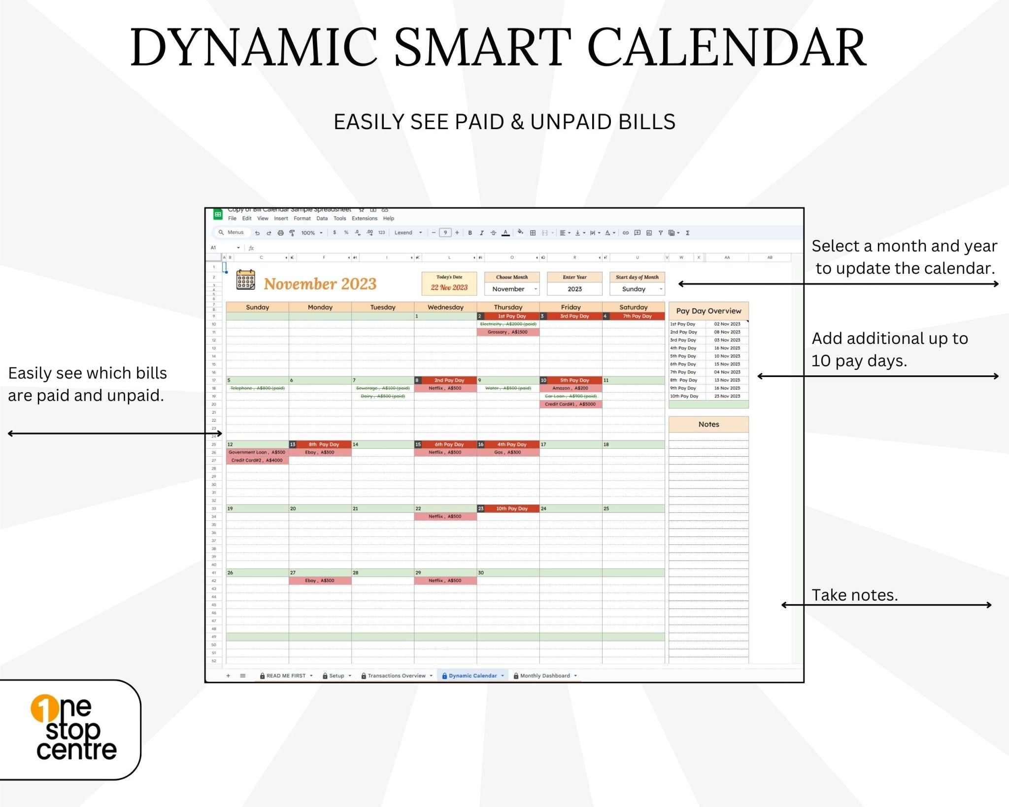 Dynamic smart calendar in Google Sheets monthly bill calendar and payment dashboard