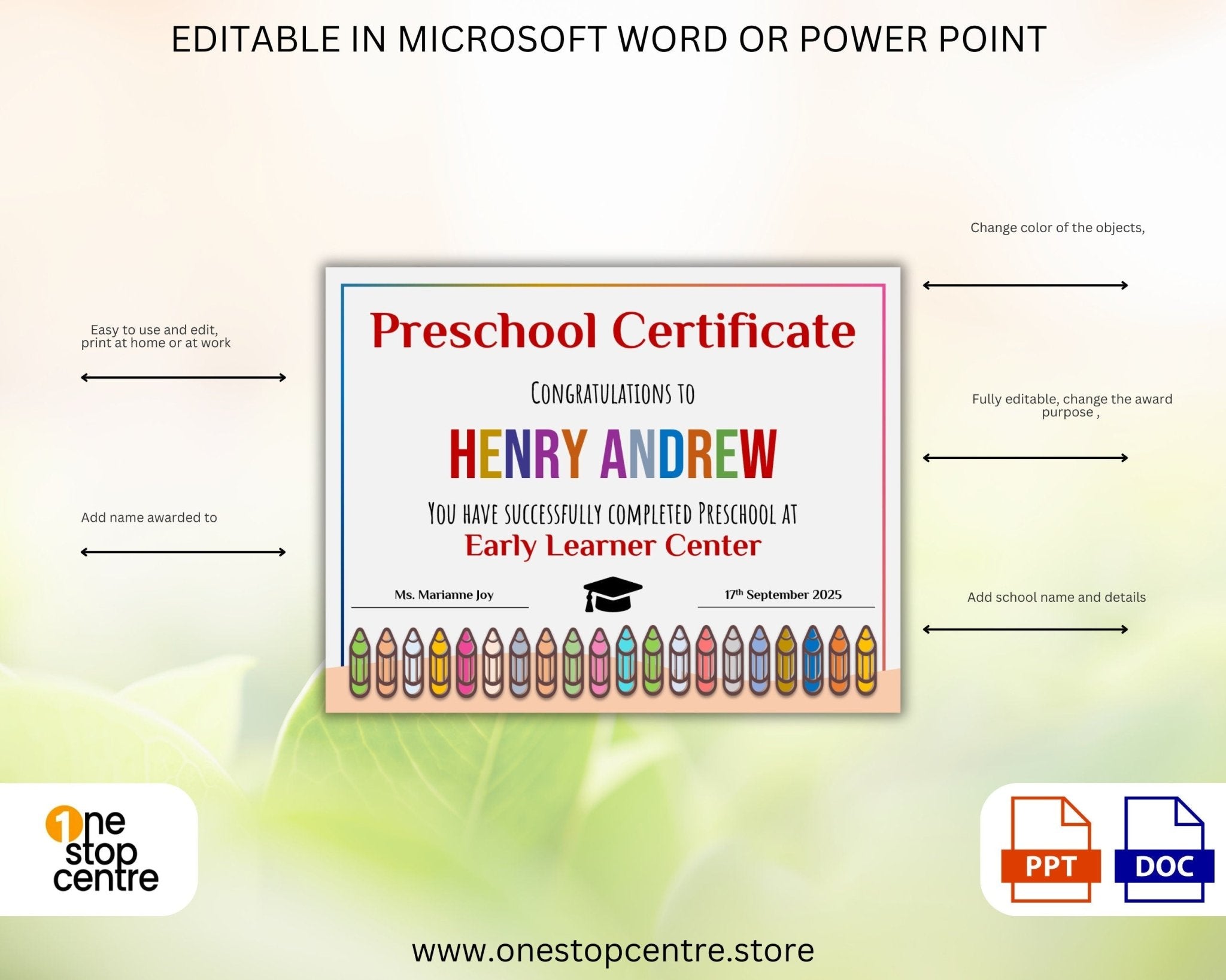 Printable preschool graduation certificate design