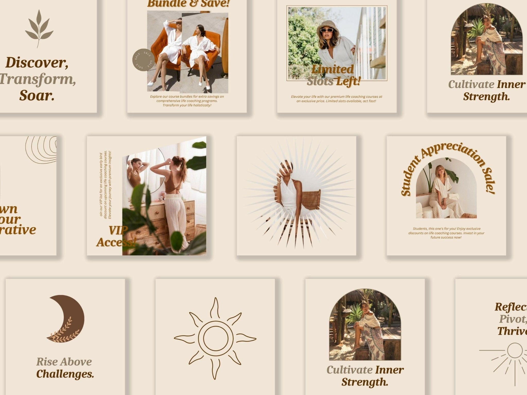 Boho Instagram templates shown on mobile preview