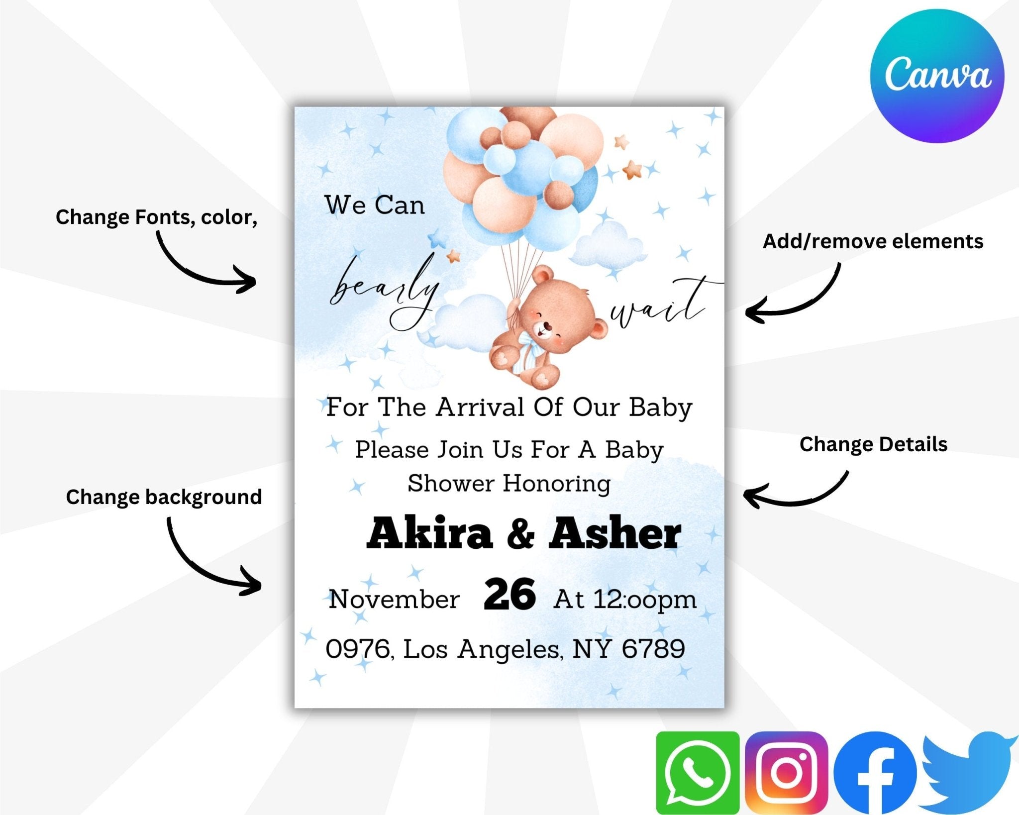 Boy or girl baby shower invitation in blue