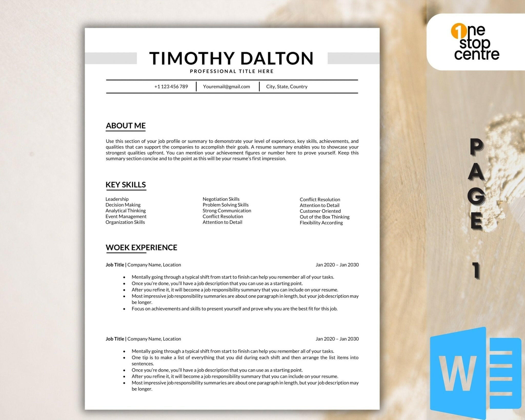 Minimal 1-page resume Word template preview