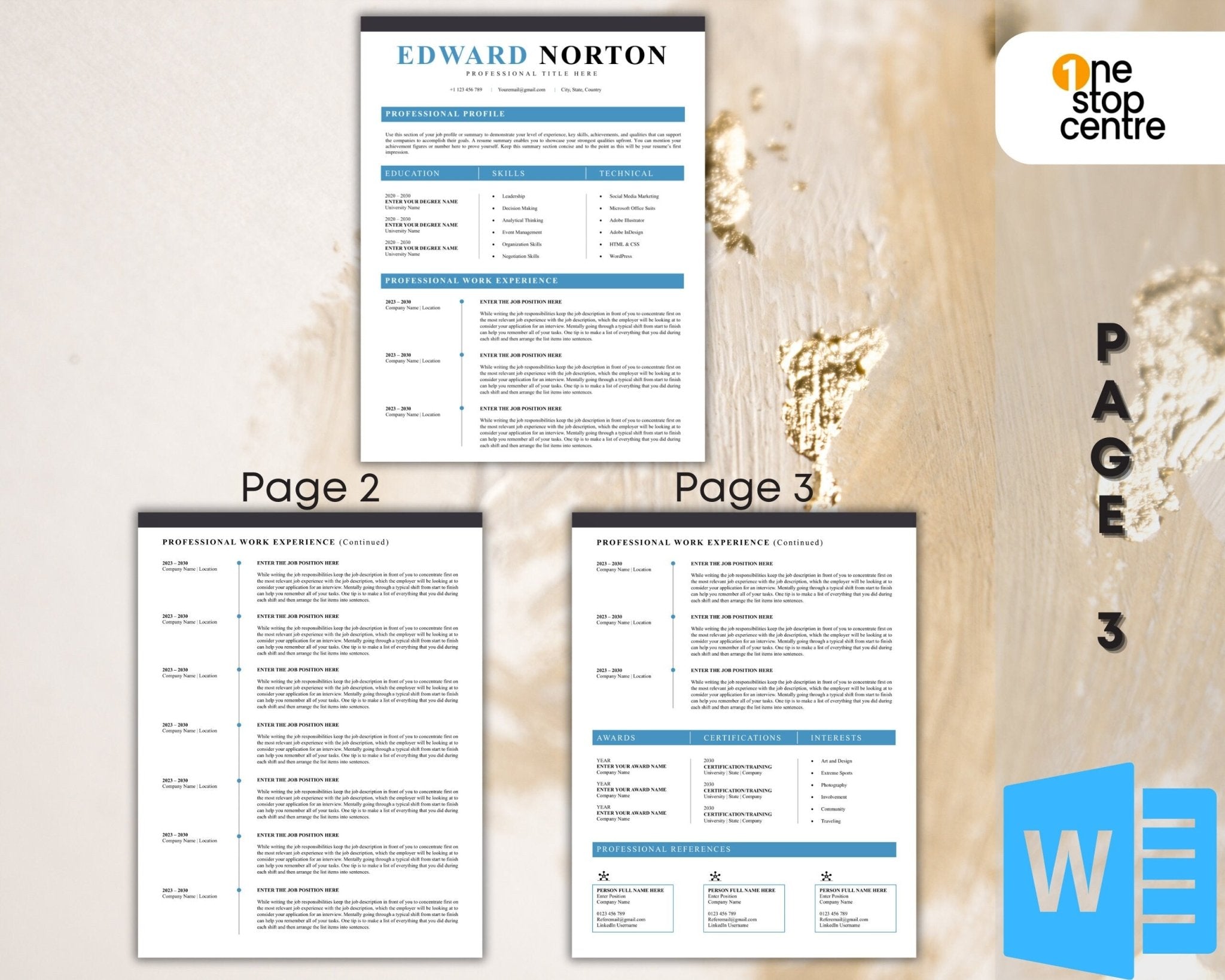 1-3 pages Editable Word resume template for job applications