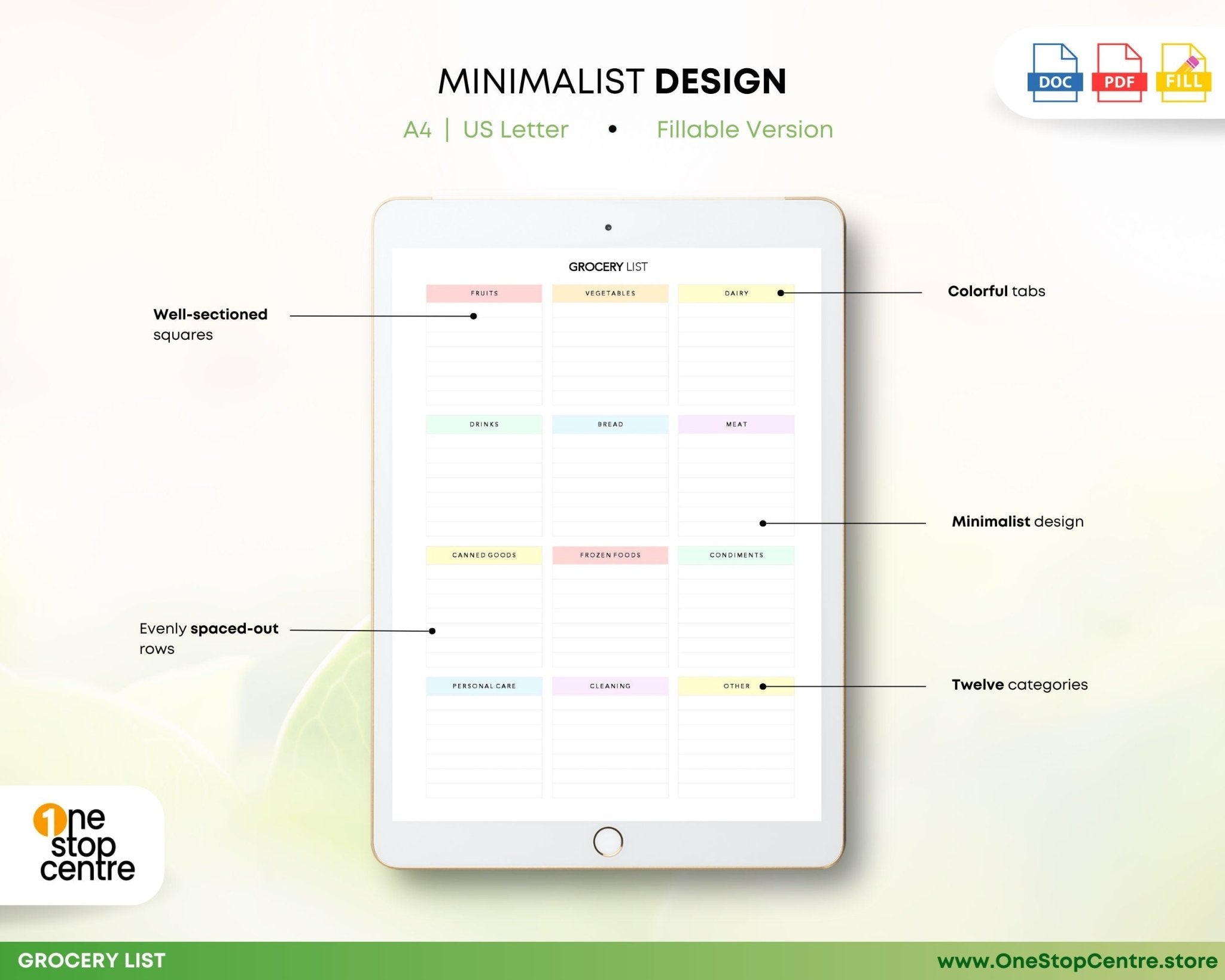 Fillable PDF grocery planner with shopping categories