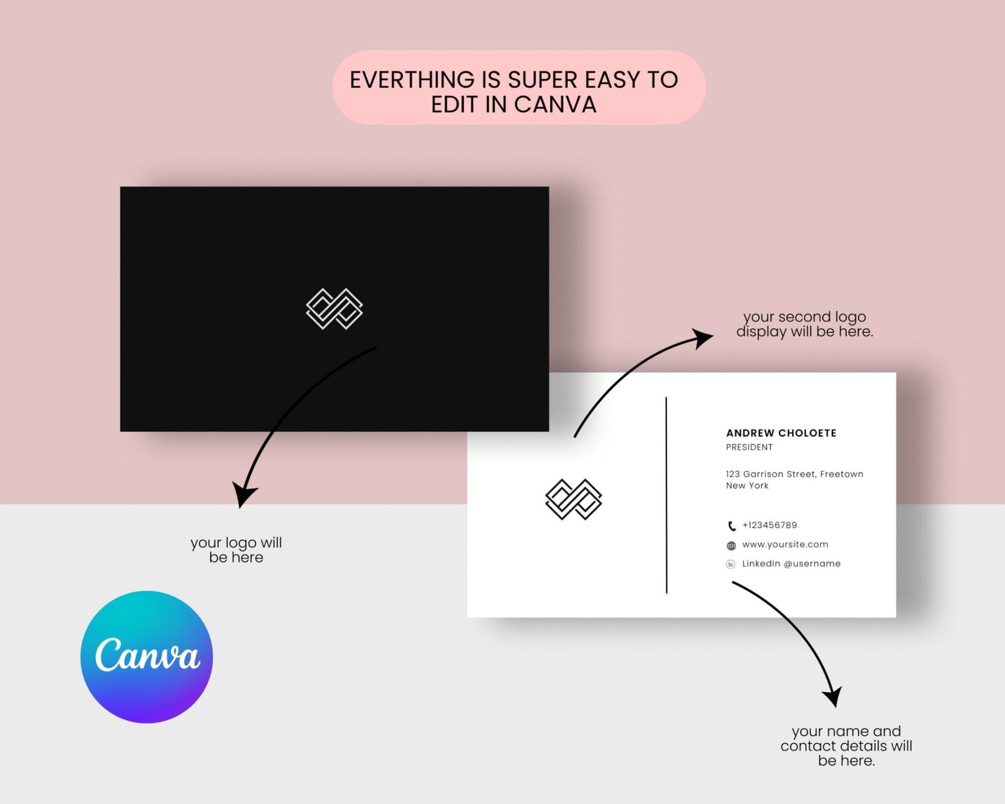 Canva editable business card showing black and white color options