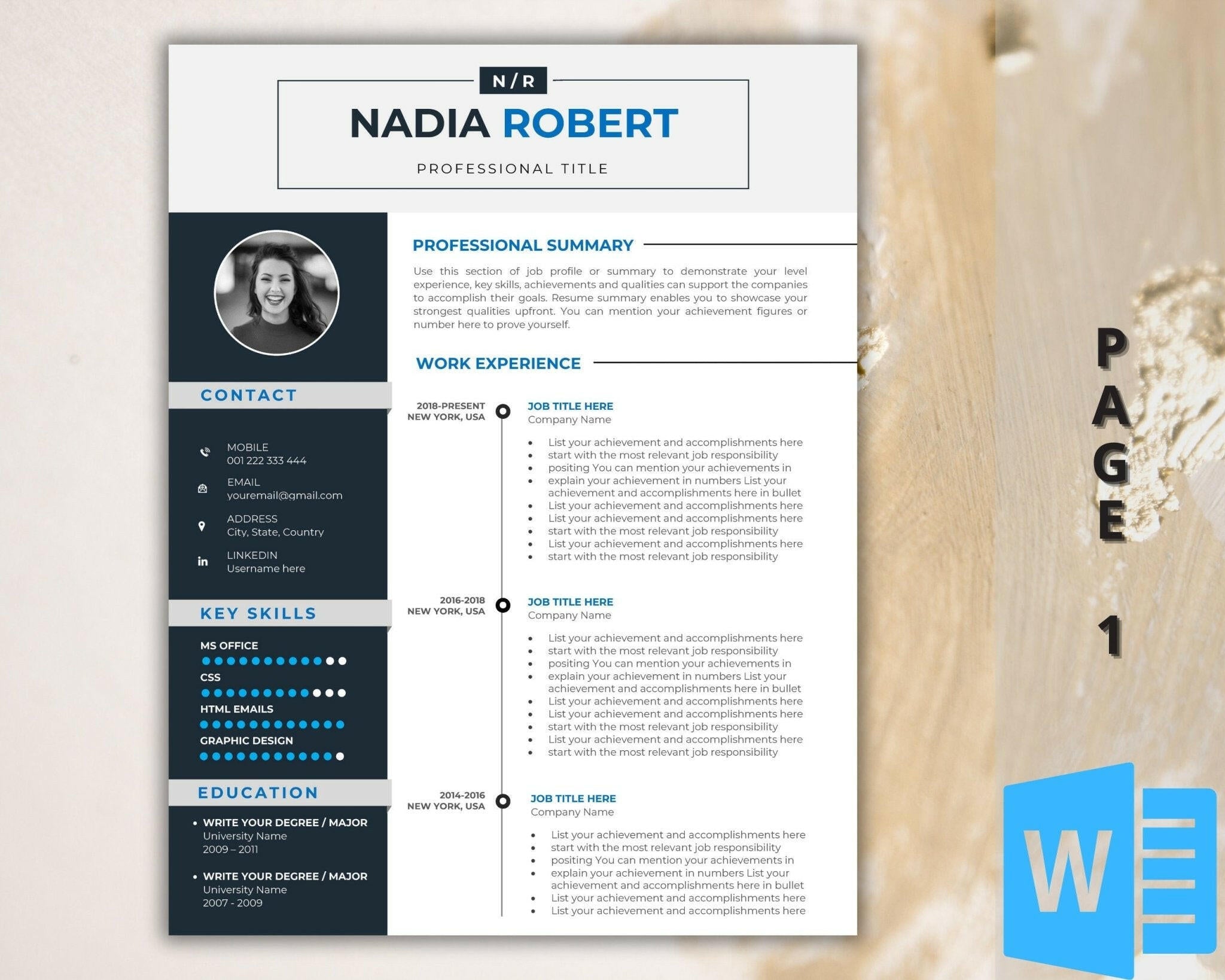 Modern Word resume template with photo — one-page layout