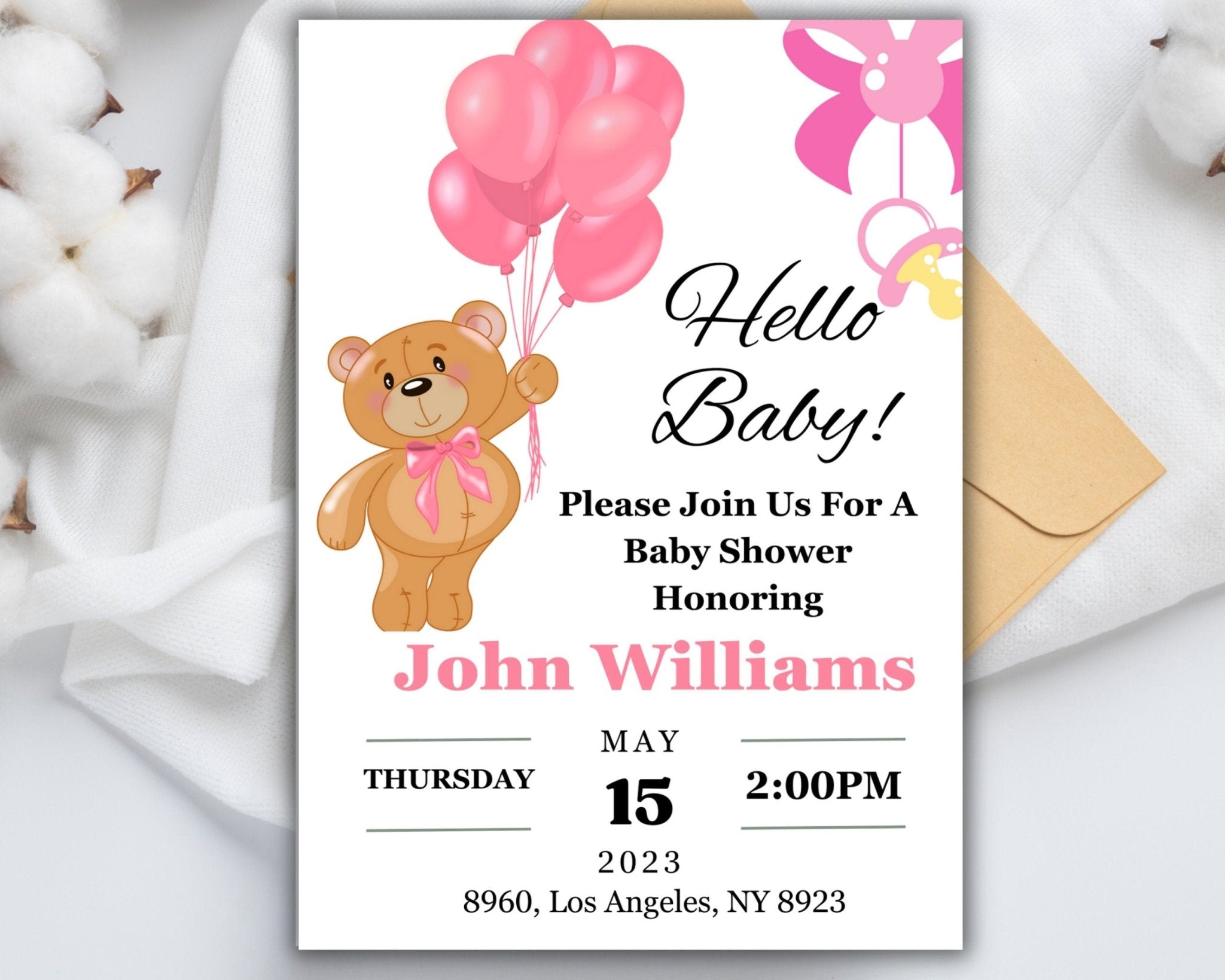 Canva pink teddy bear baby shower card design