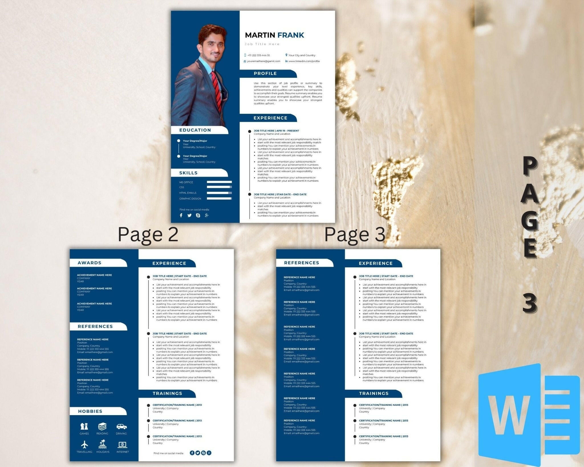 3-page resume template featuring clean formatting.
