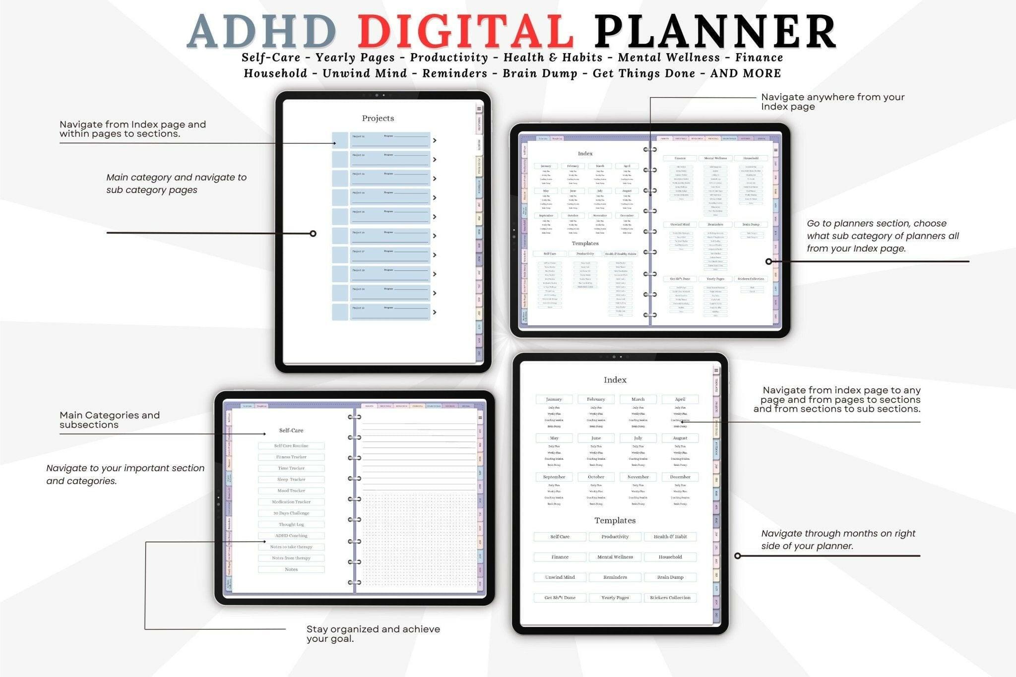 ADHD Digital Planner with sections for self-care, to-do lists, productivity, health, and more on a white background.
