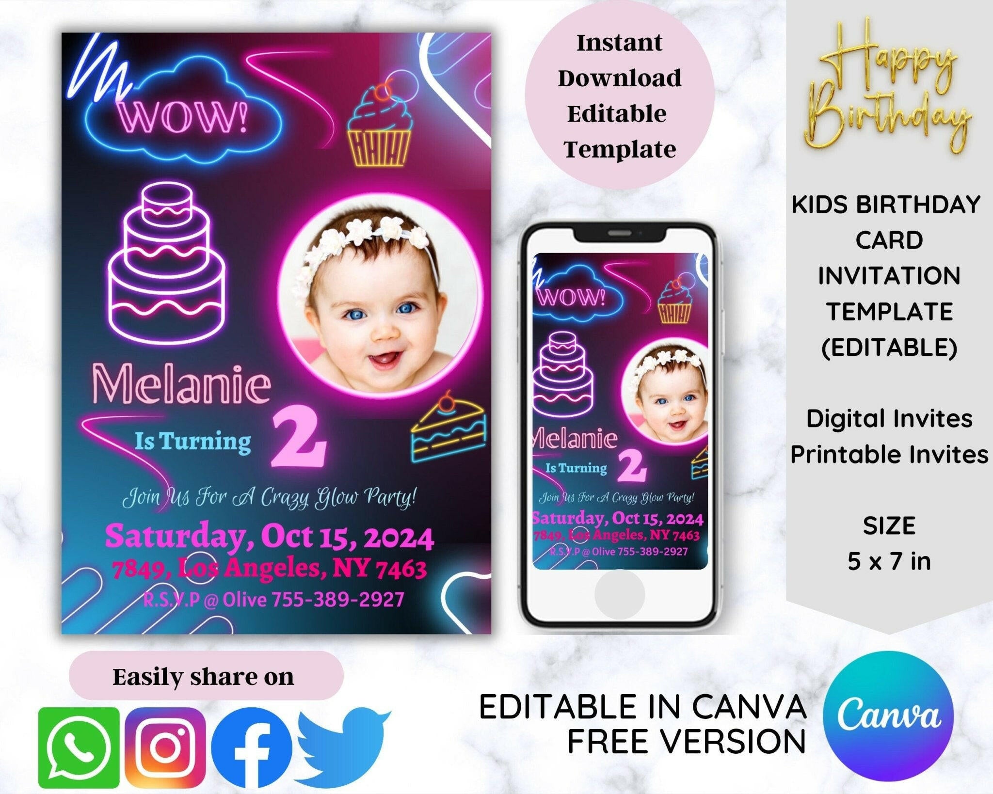Editable neon birthday invitation template with photo – Canva
