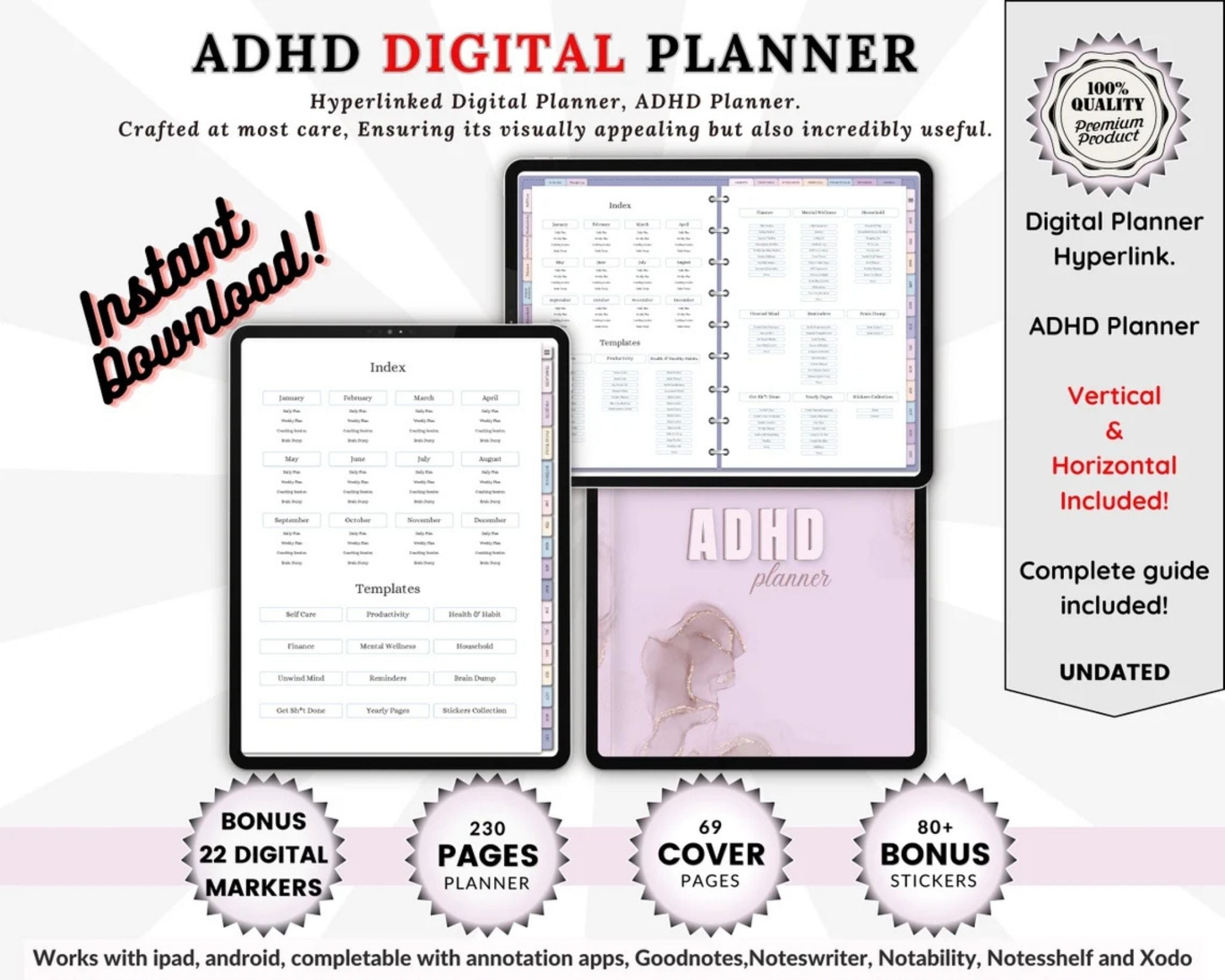 ADHD Digital Planner Main Dashboard iPad View