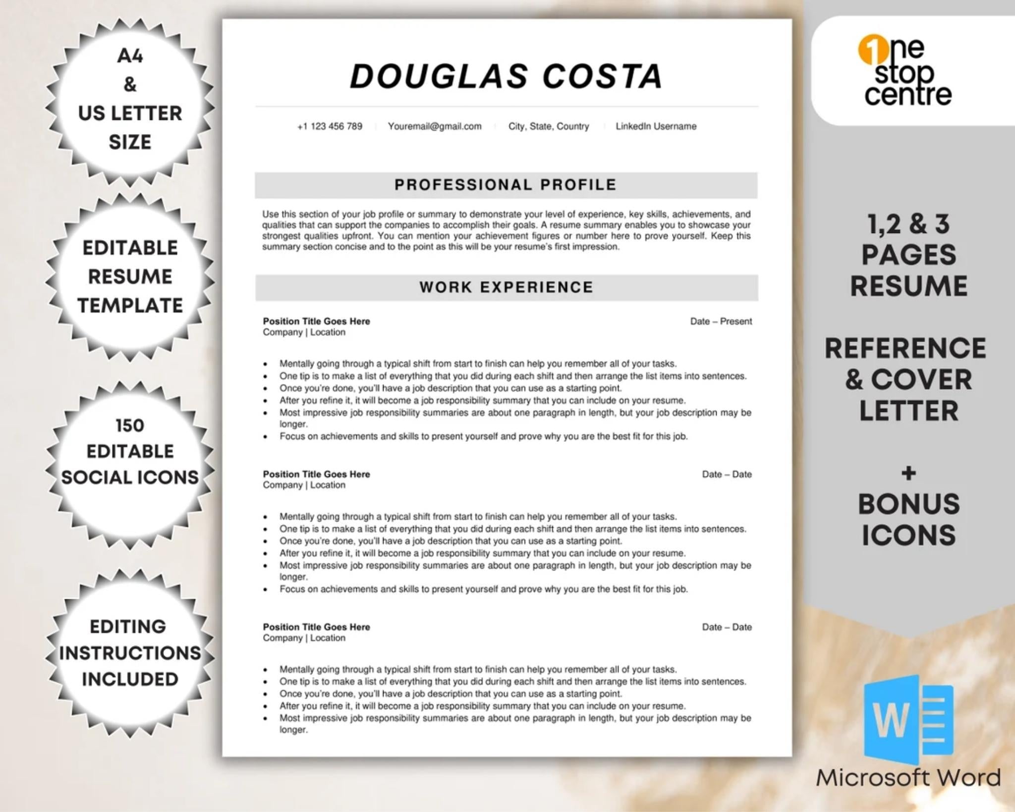 1-3 pages ATS-friendly resume template in Microsoft Word with cover letter and reference page