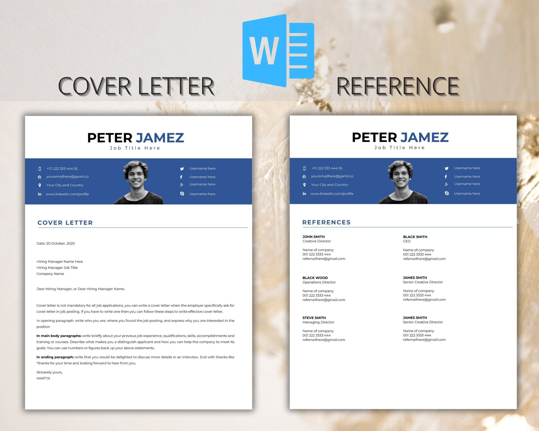 Matching cover letter and reference page templates in Word.