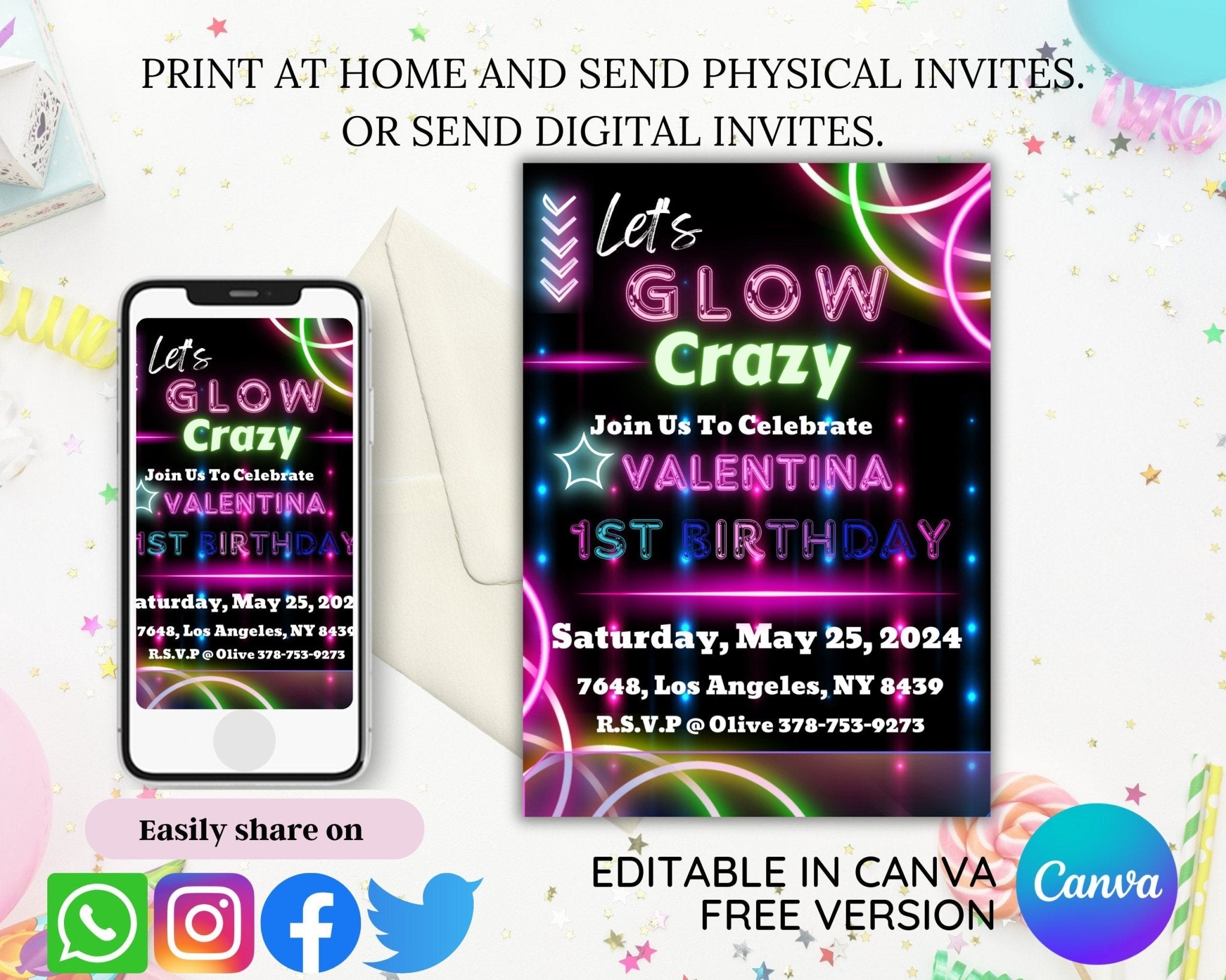 Printable digital birthday invitation with crazy light theme