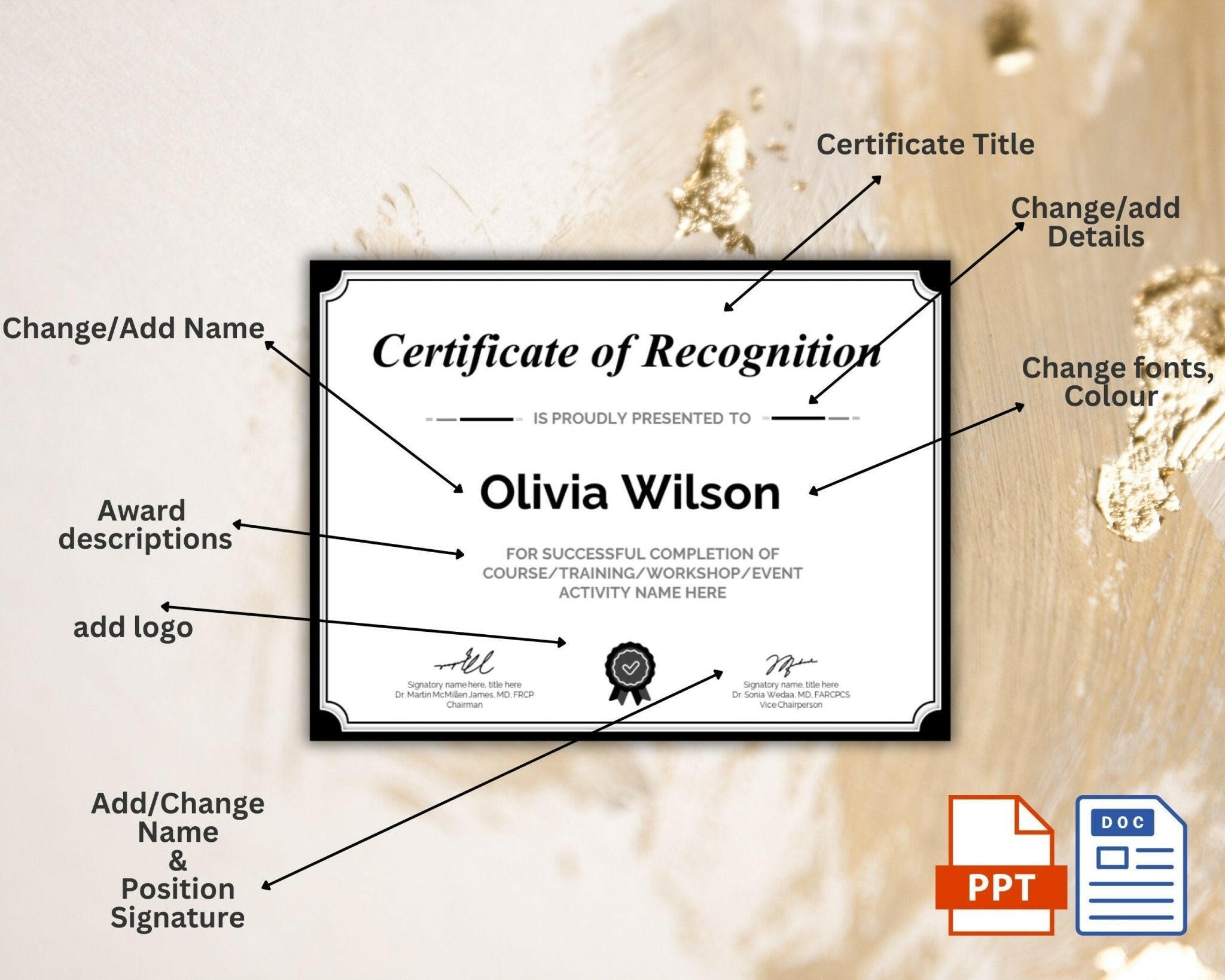 Modern award template showcasing editable fields