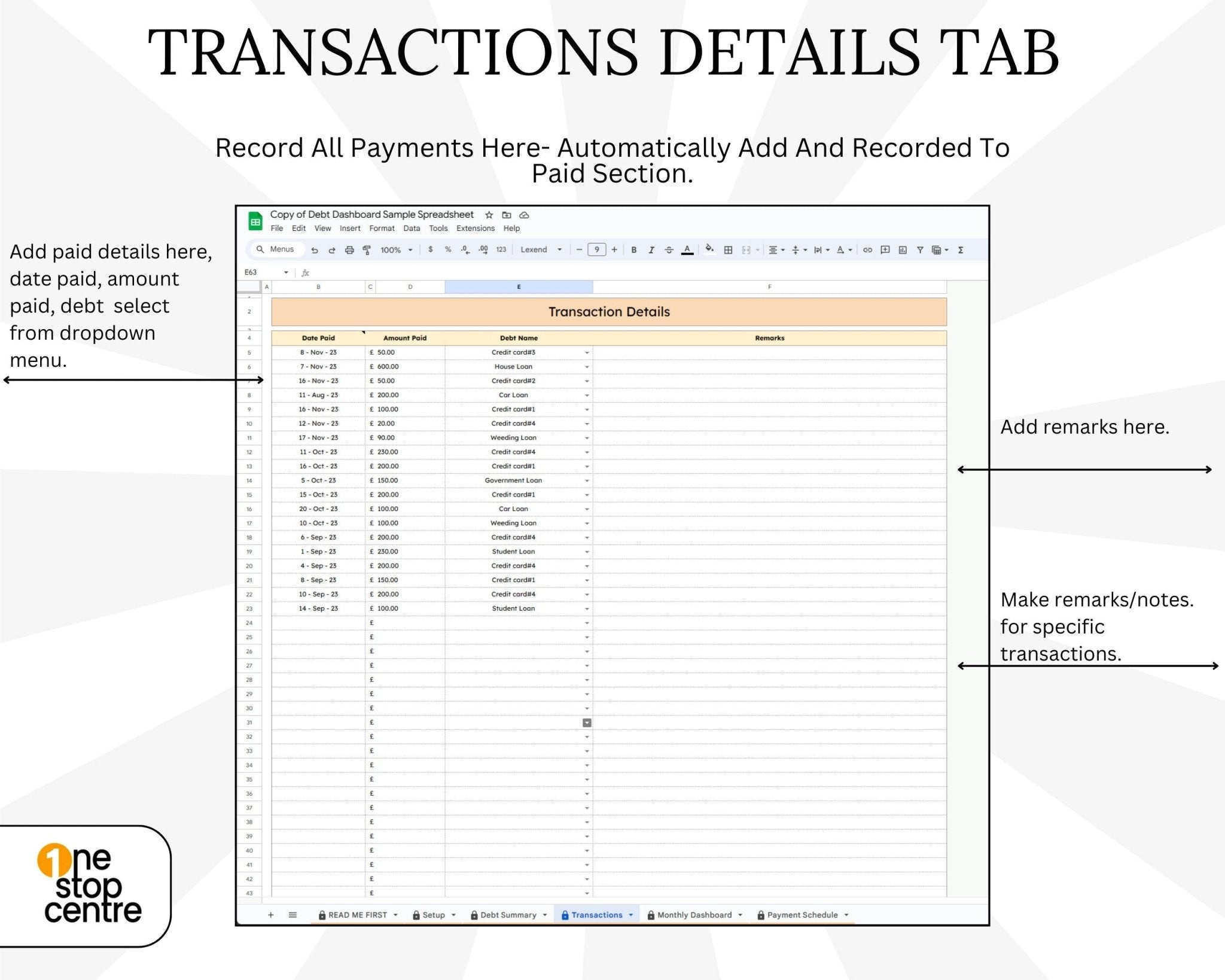 Transactions details tab with a spreadsheet interface on a white background
