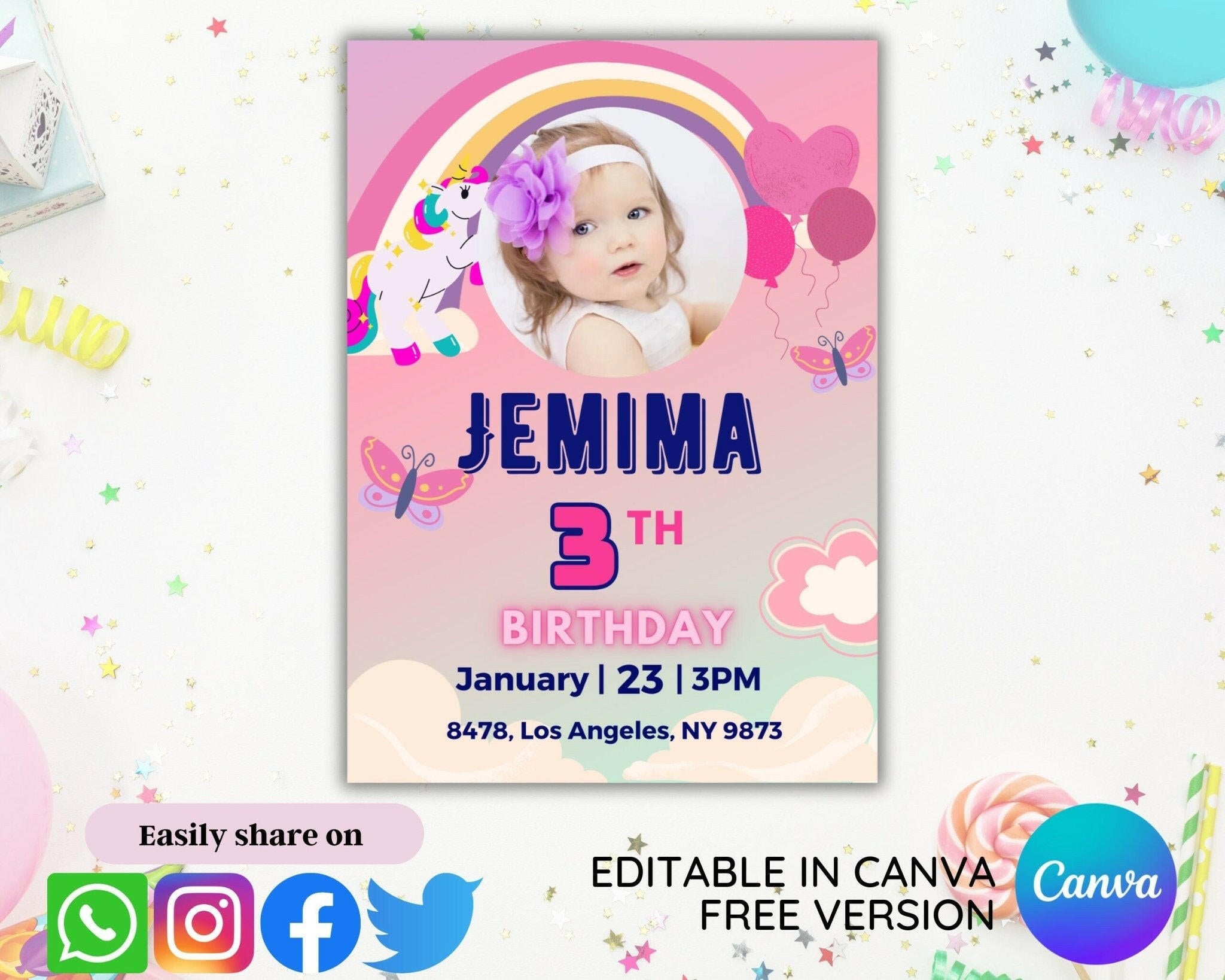 Editable kids party invite with magical unicorn theme