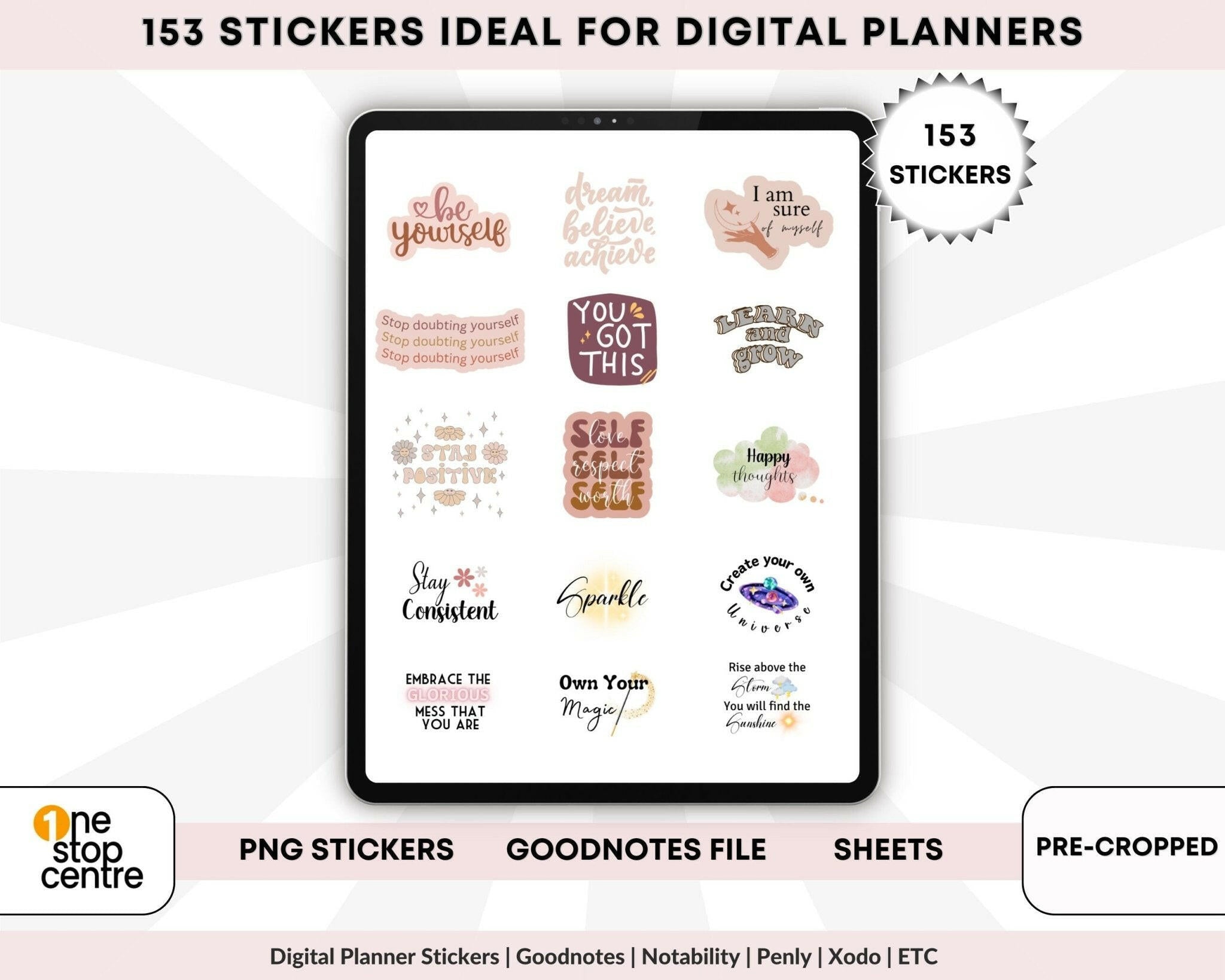 Grid of 153 boho neutral stickers on tablet screen