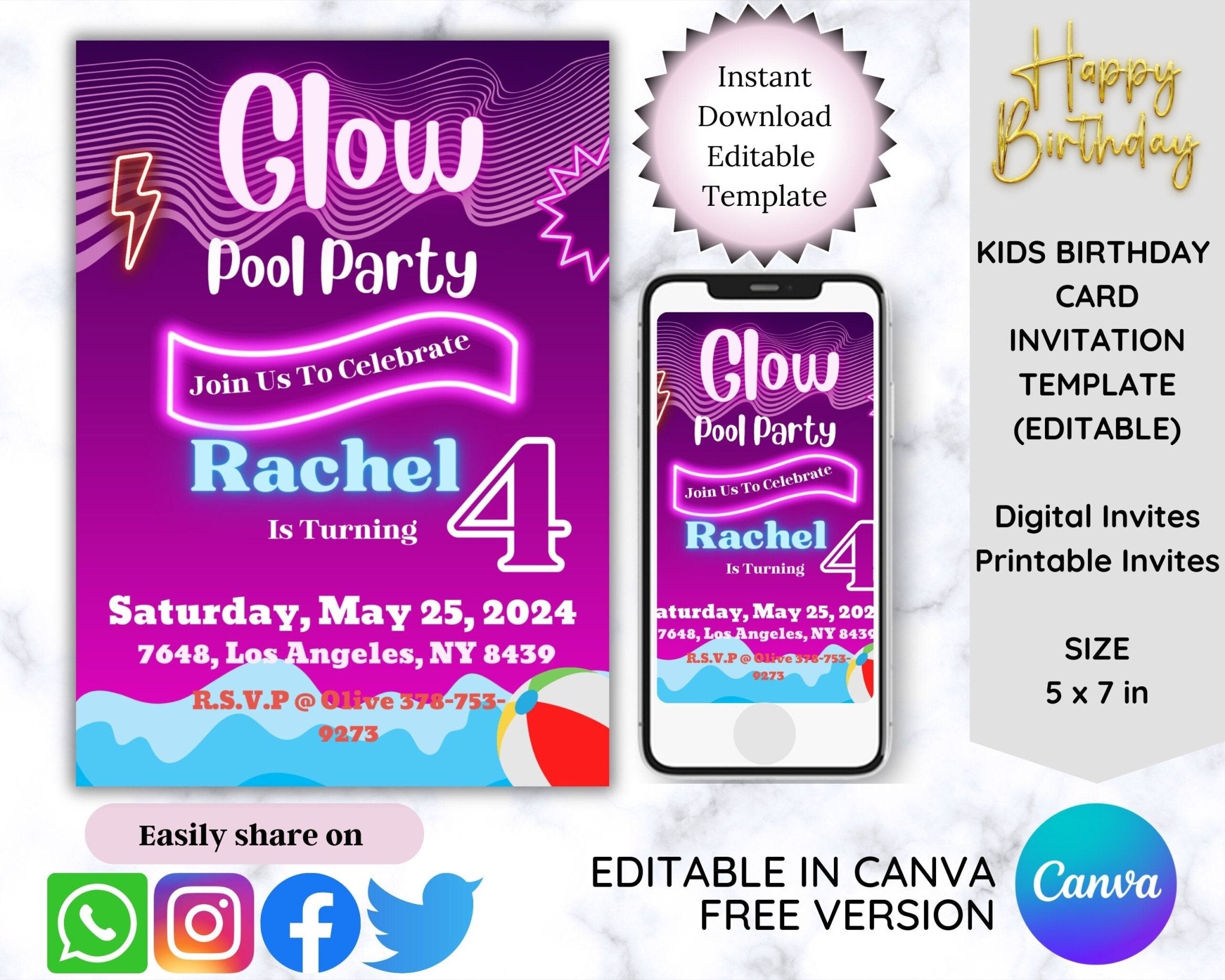 Editable purple neon glow birthday invitation Canva template