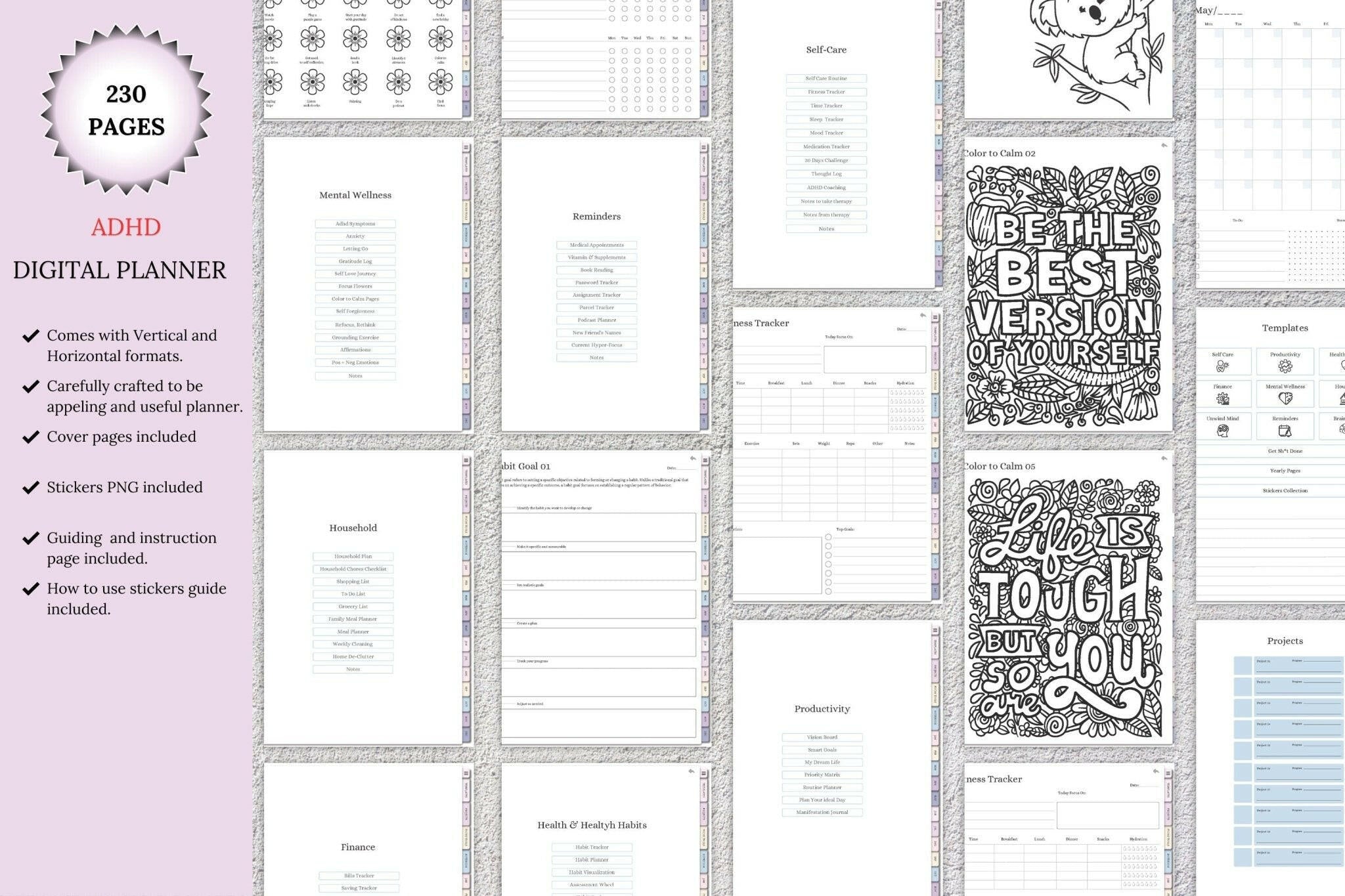 Pages from an ADHD digital planner with various sections and motivational quotes.