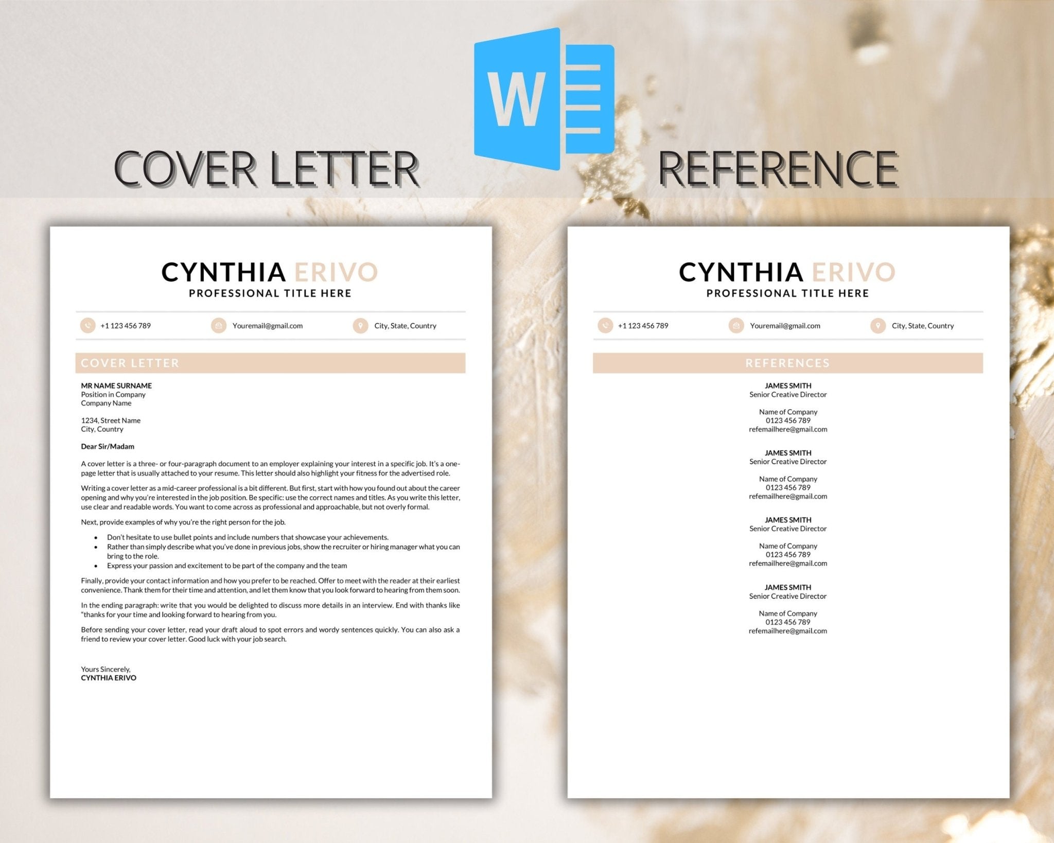 cover letter and reference page fully customizable and editable in word