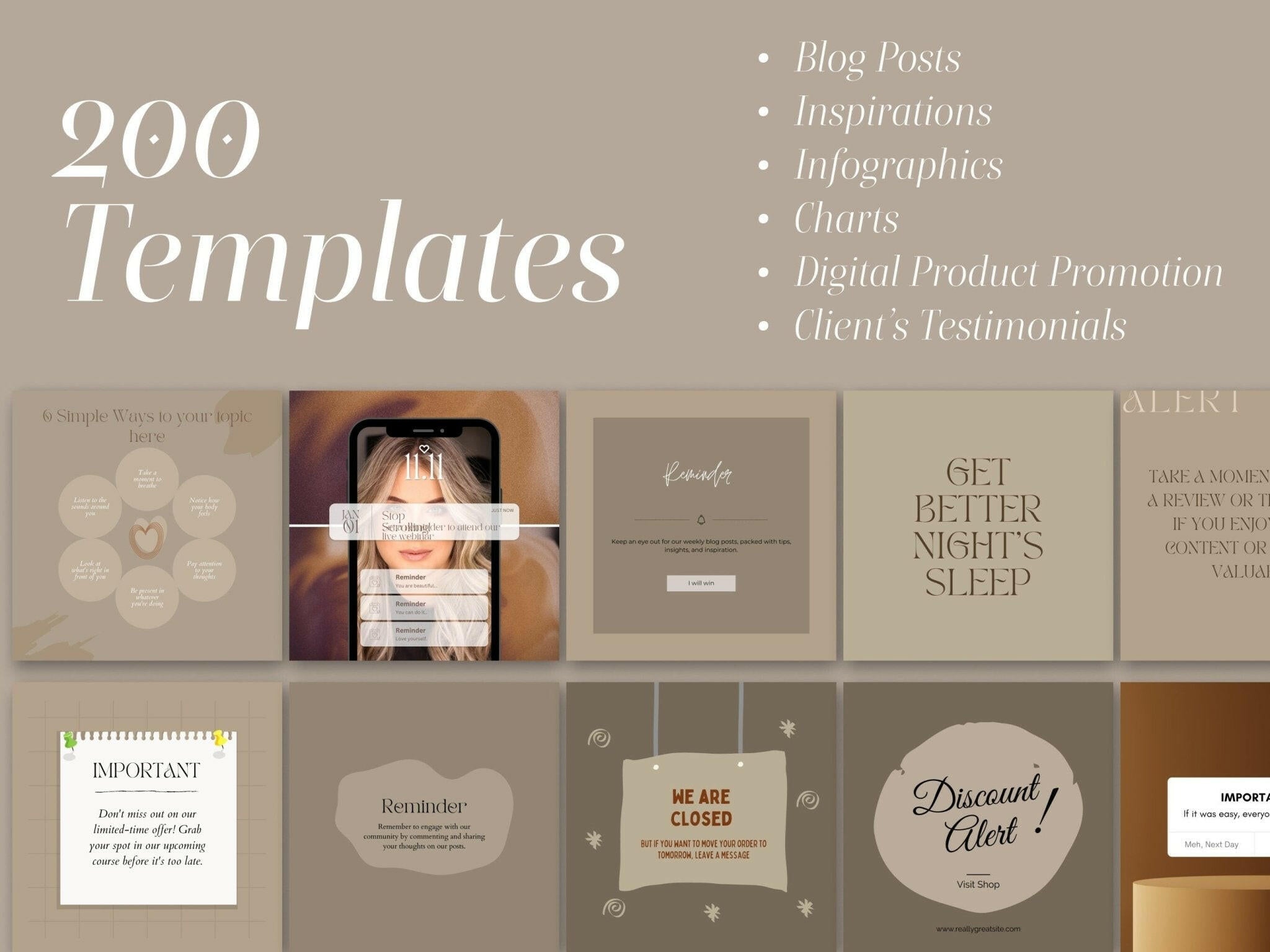 200 Course Training Instagram Templates – Aesthetic Brown Canva Posts & Stories for Facebook & Instagram