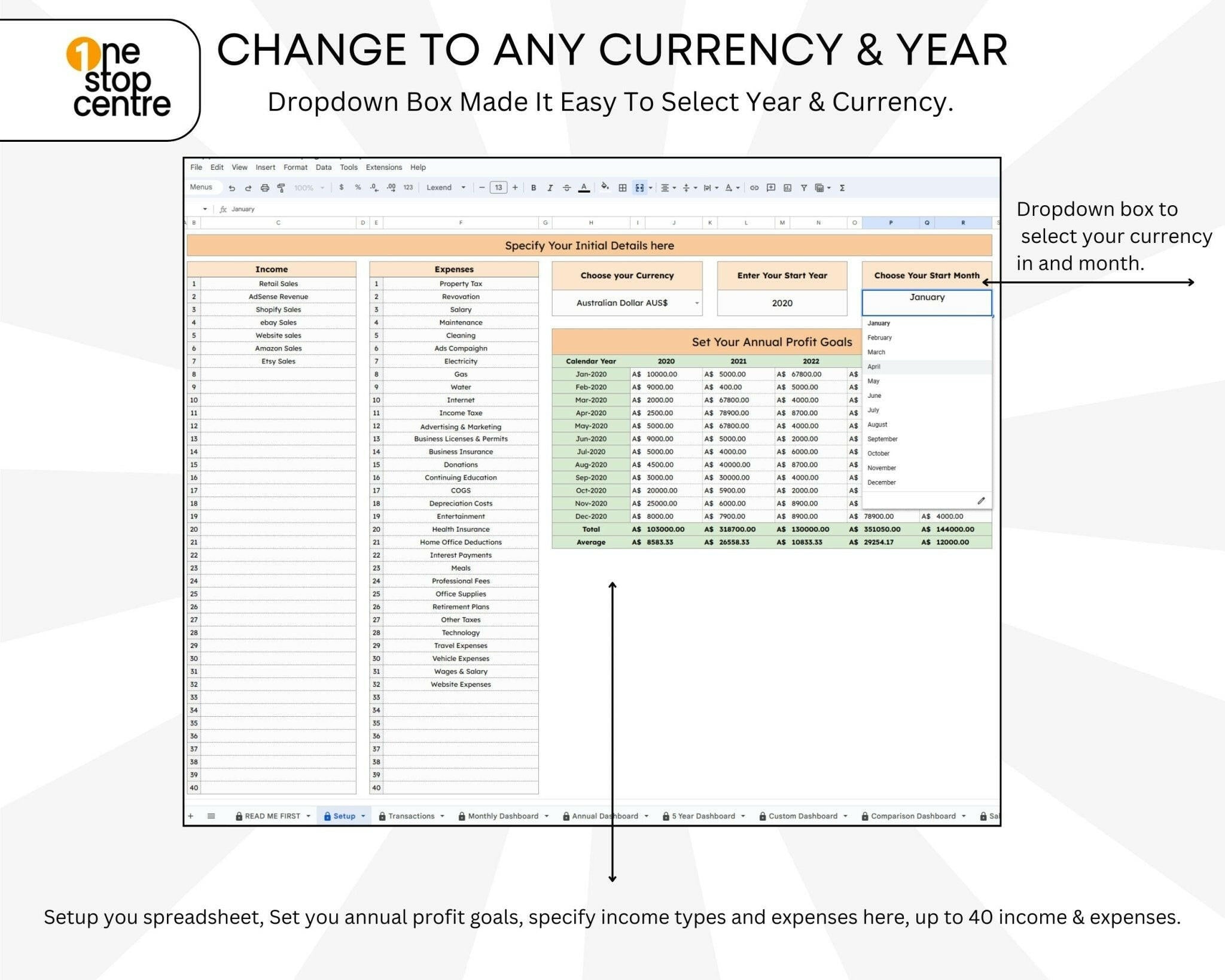 Editable accounting planner with 5-year performance chart