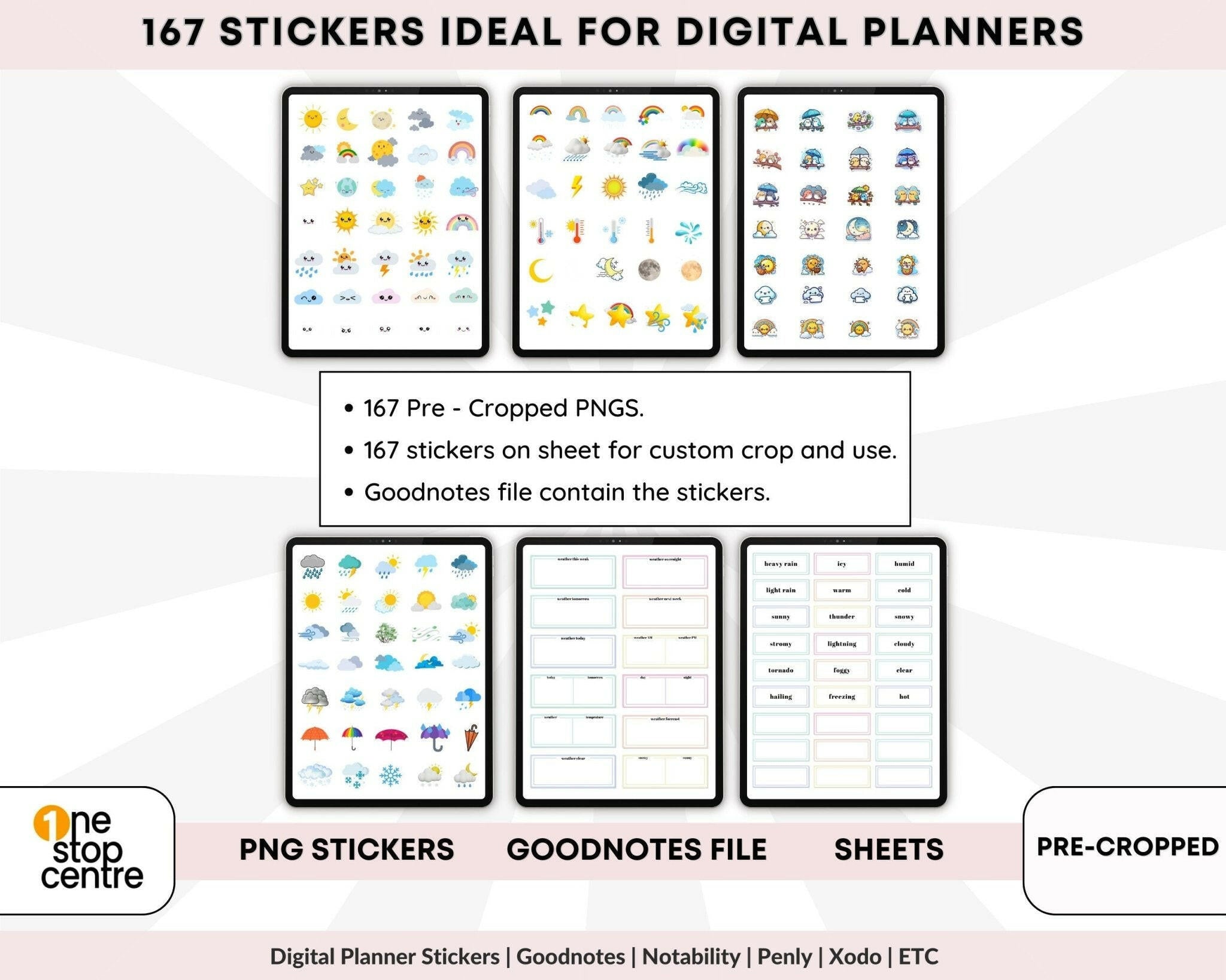Digital planner stickers with various designs on a white background, featuring text about the product details.