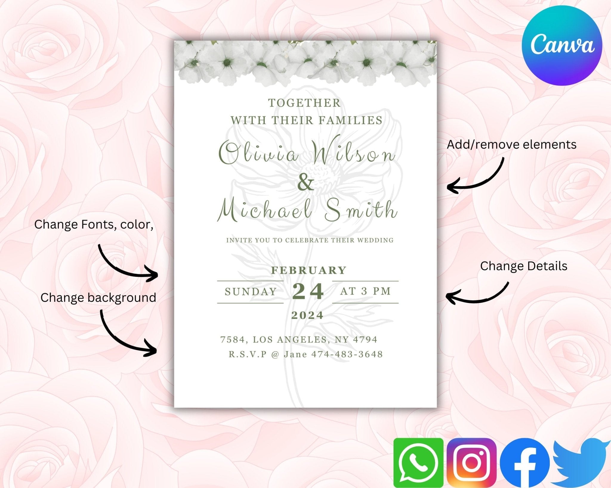 Personalized Canva wedding card for home or professional printing