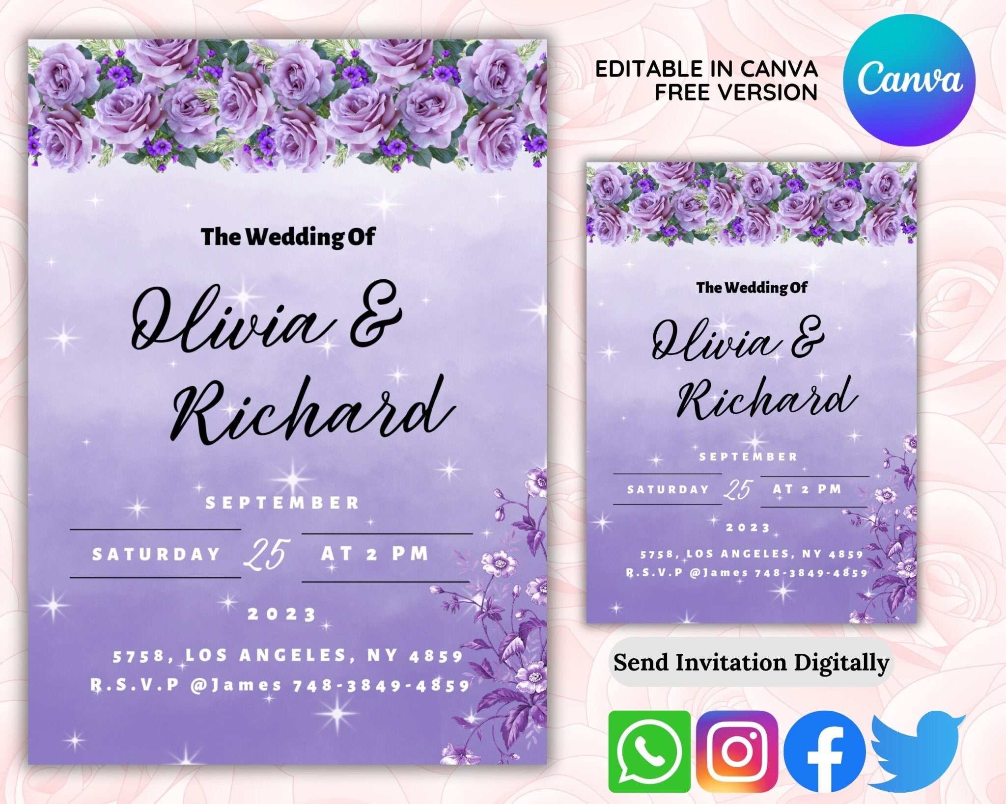 5x7" elegant purple flower wedding invite design