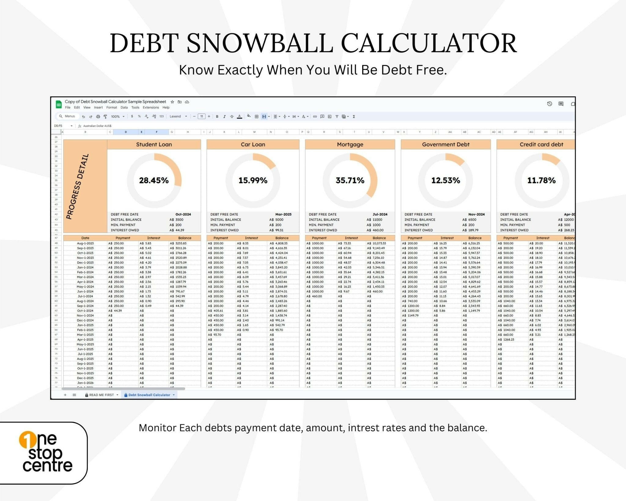 Editable snowball calculator showing progress bars
