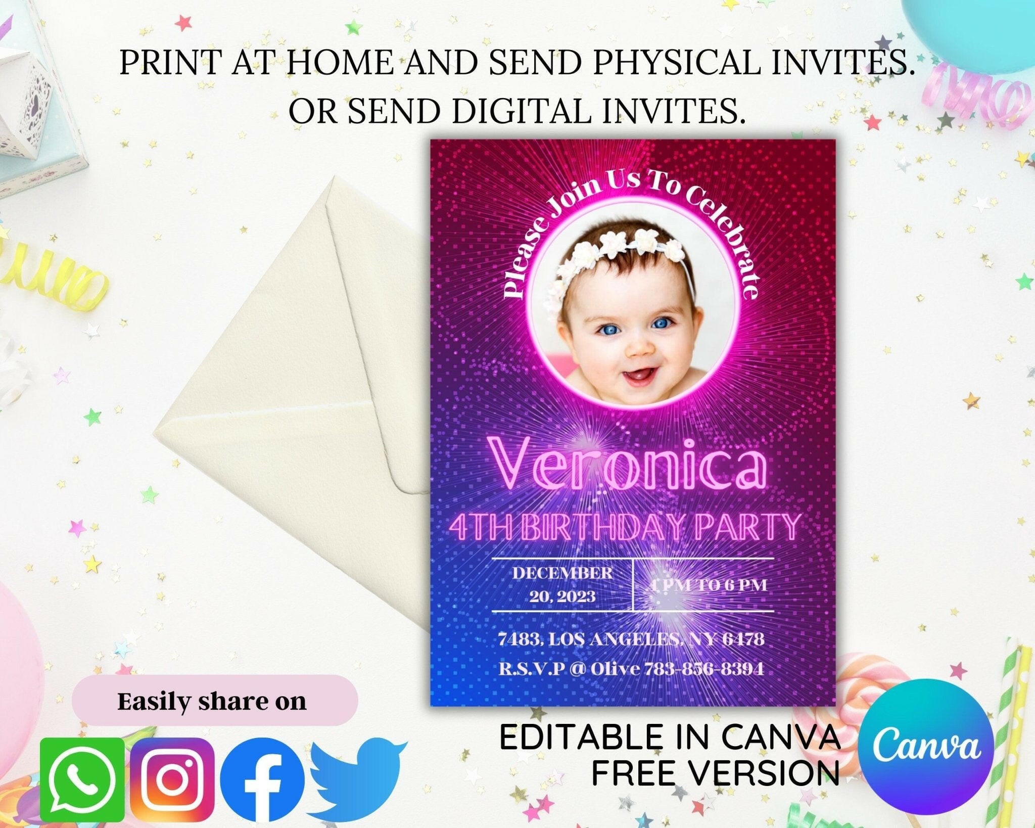 Neon-themed Canva template preview on desktop