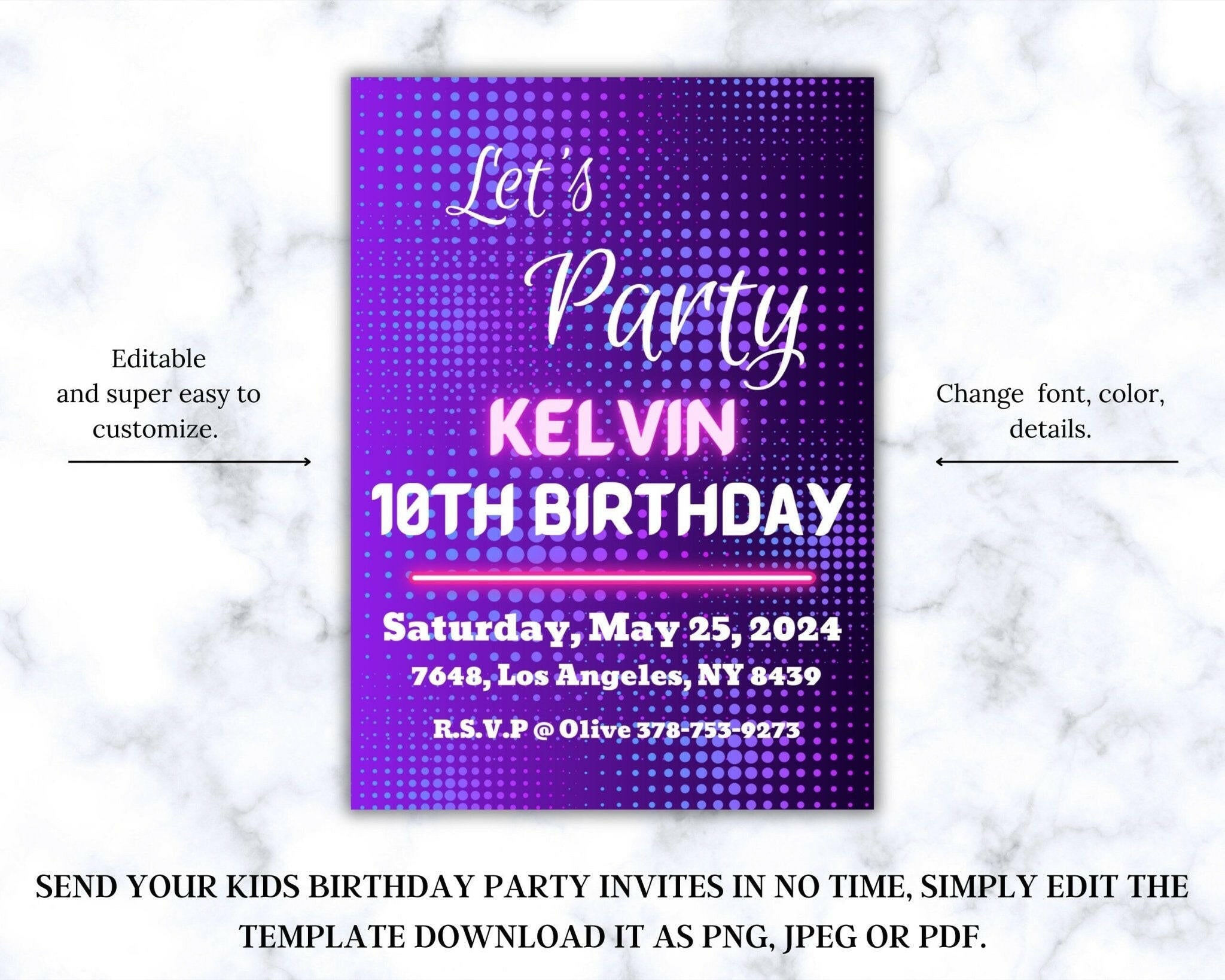 Digital purple glow party invite with editable text