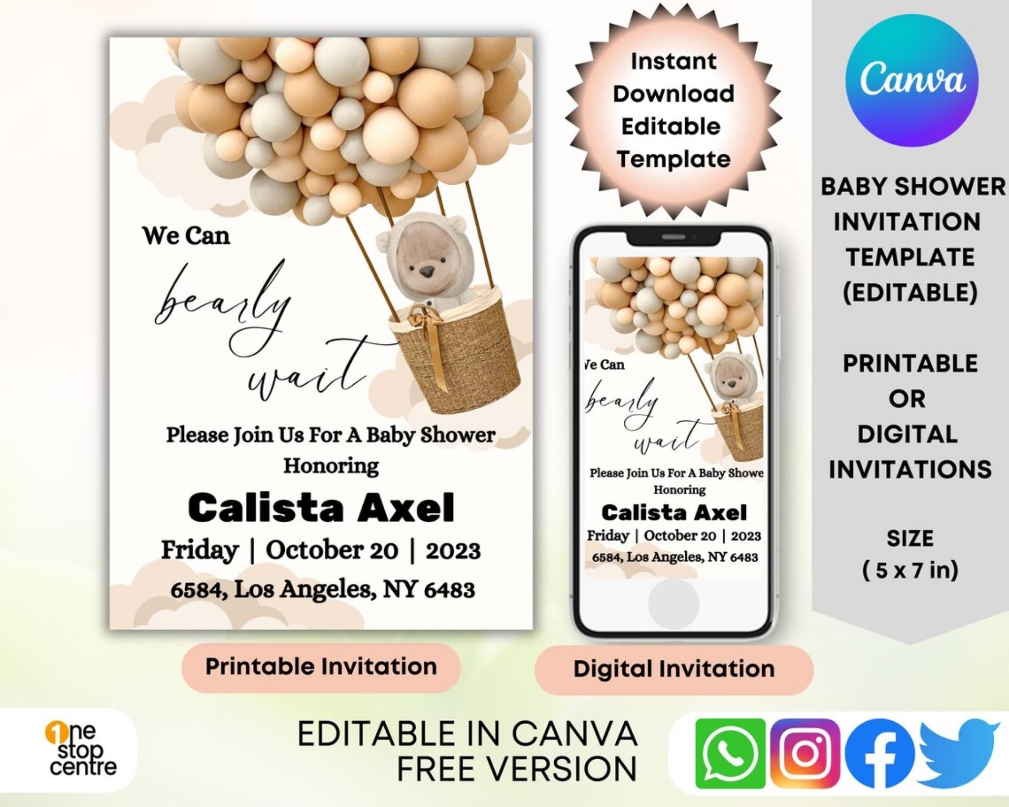 Baby shower invitation template with balloons and teddy bear, featuring Canva branding.