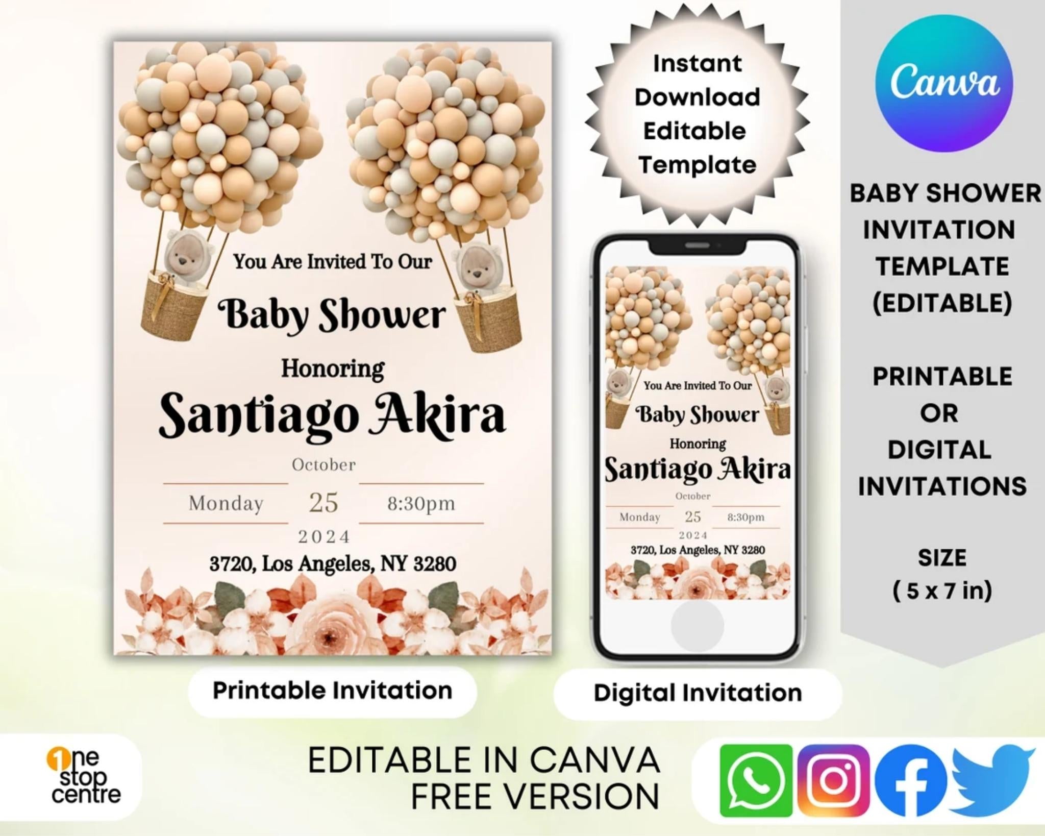 Editable 5x7 baby shower invitation template in Canva — neutral and pink hot-air balloon design