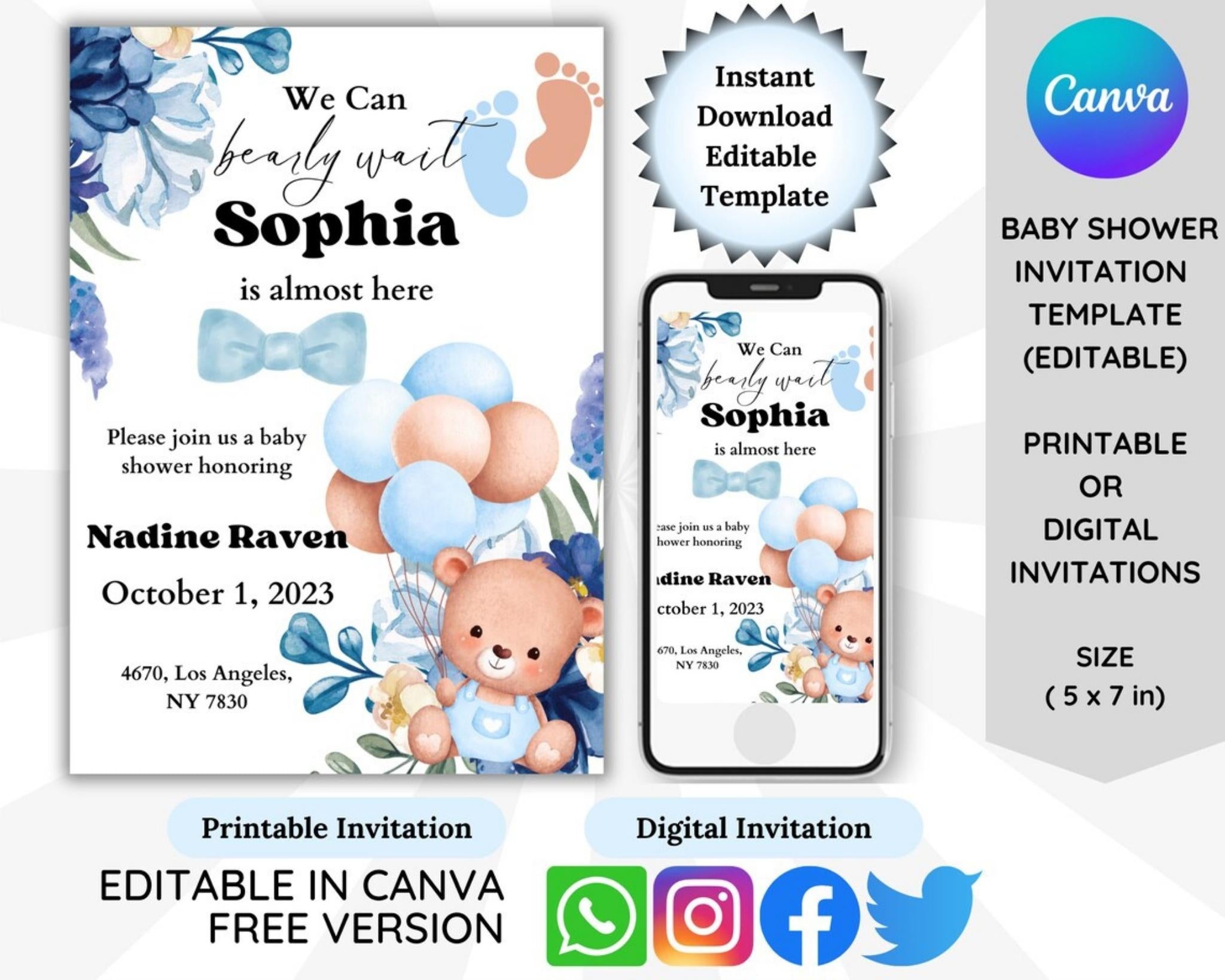Baby shower invitation with teddy bear design Canva editable templates