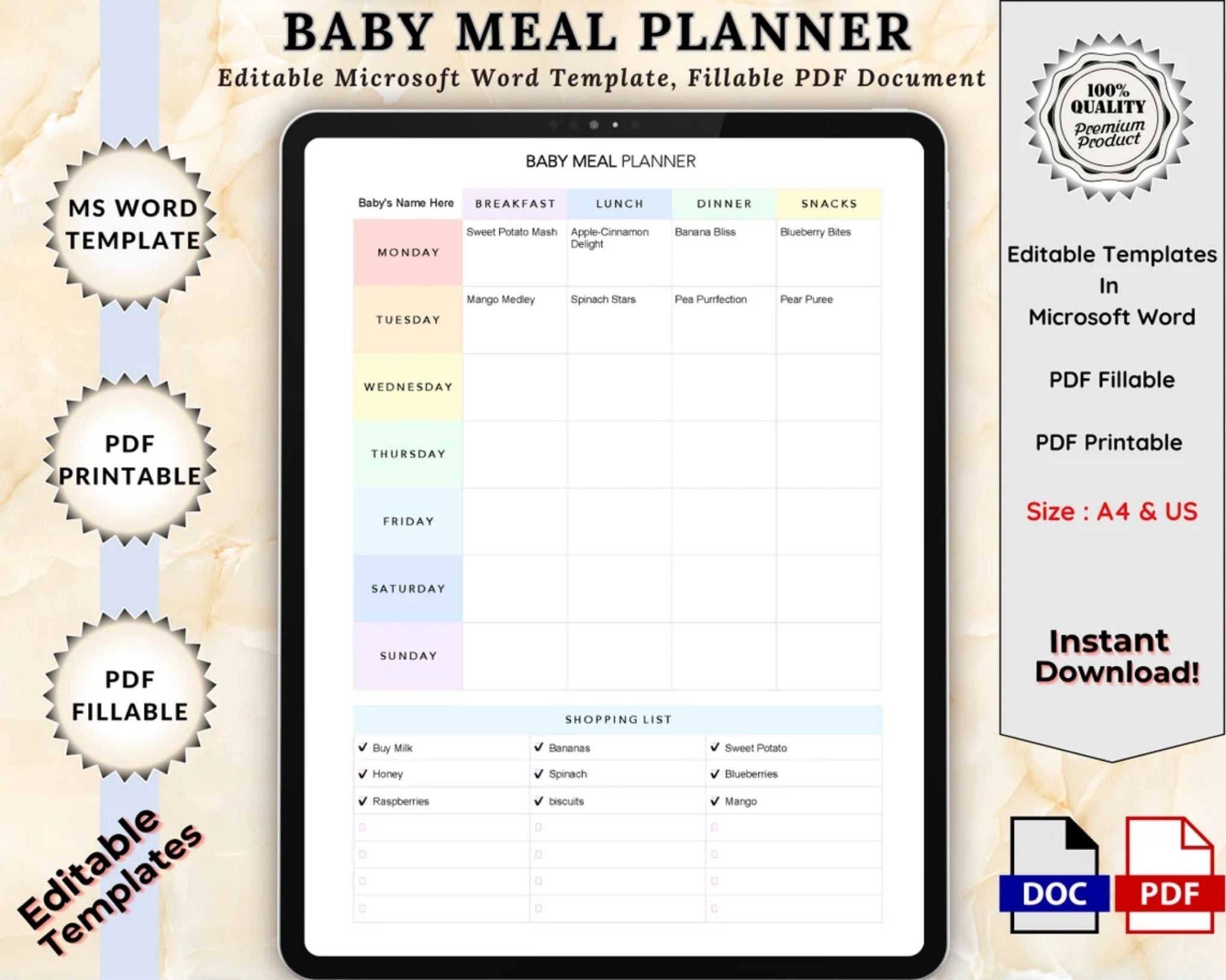 Baby weekly meal planner template with shopping list – editable PDF and Word, A4 & US Letter, instant download