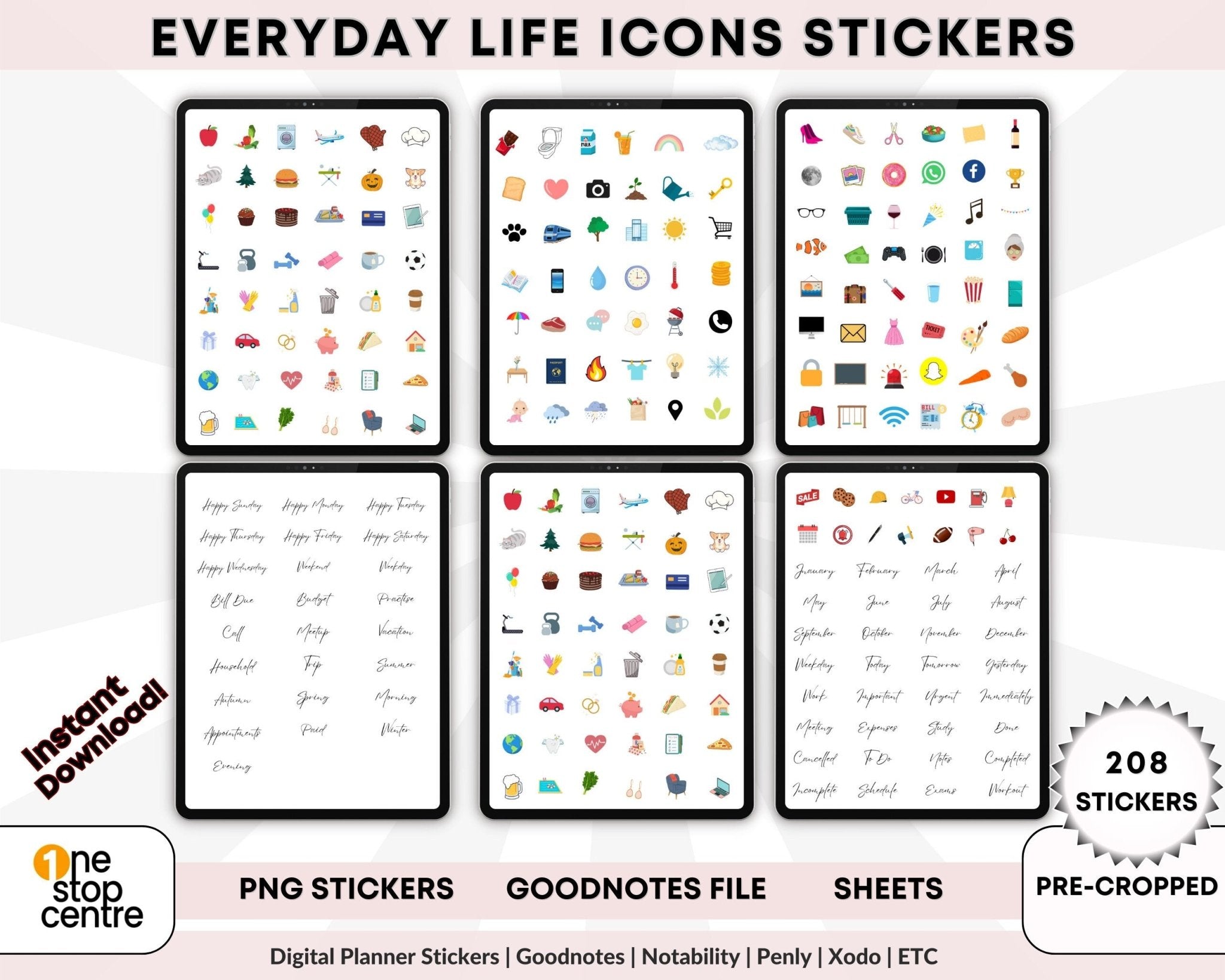 208 pre-cropped word icon stickers for digital planners