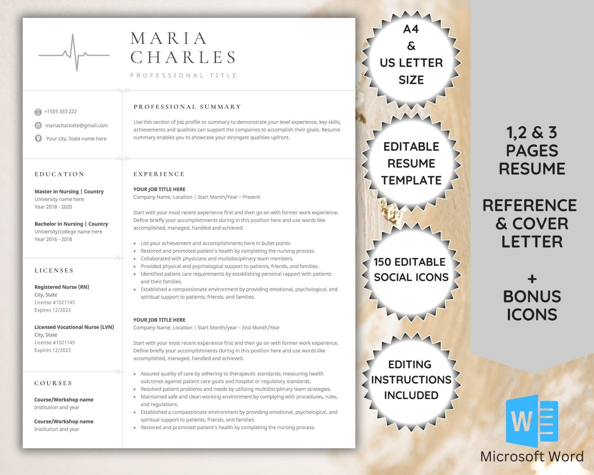 1–3 page resume template with social icons