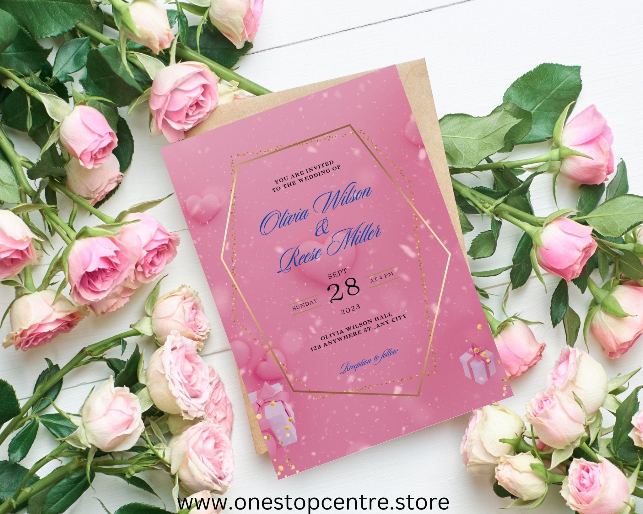 Digital wedding invitation template with floral accents