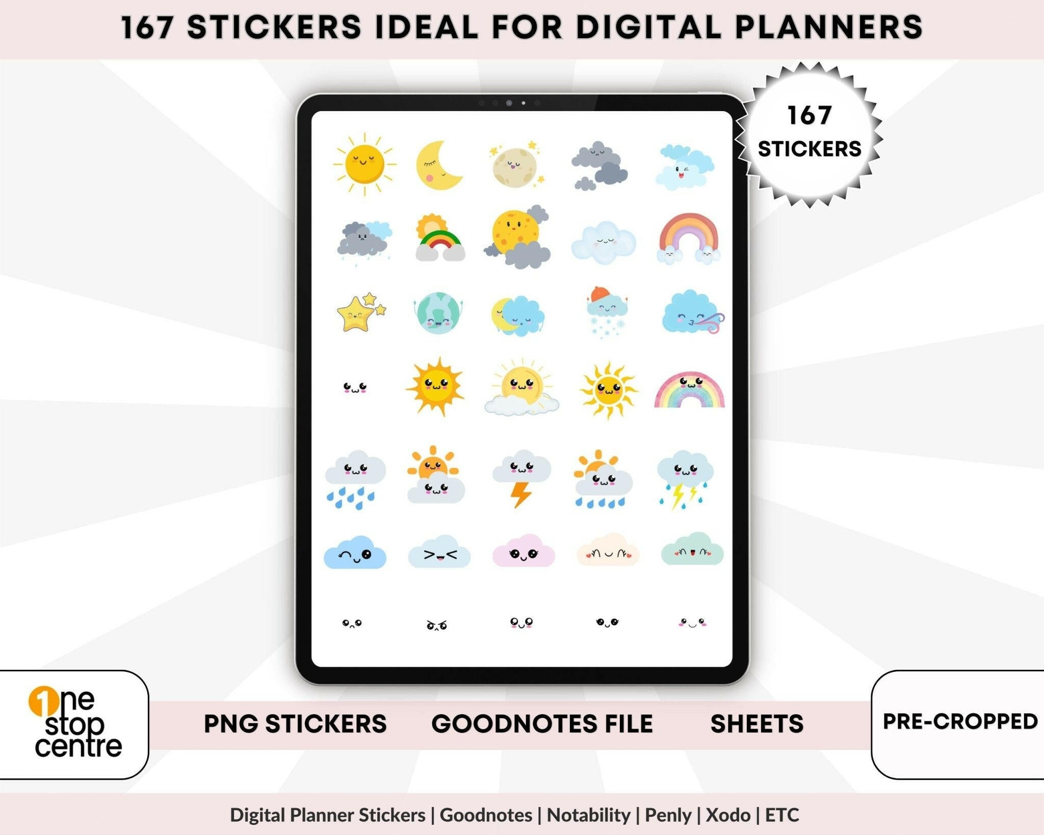 Goodnotes Elements panel showing organized weather sticker categories