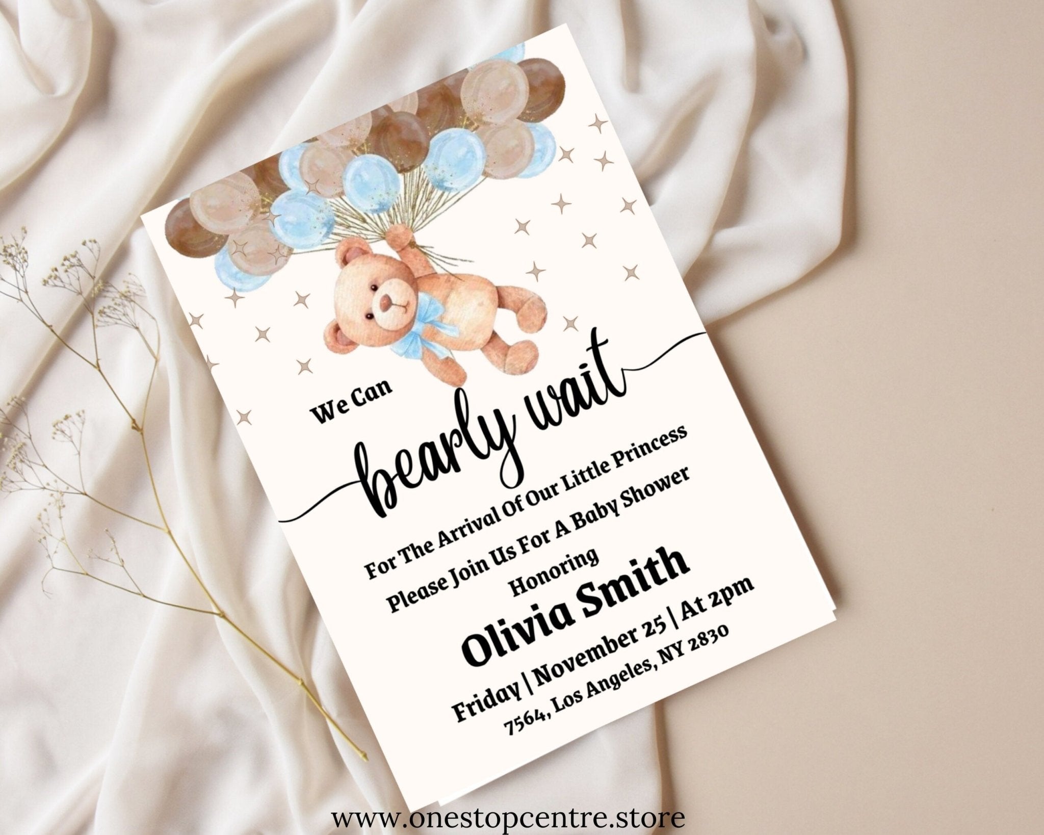 Blue teddy bear balloon baby shower invitation design