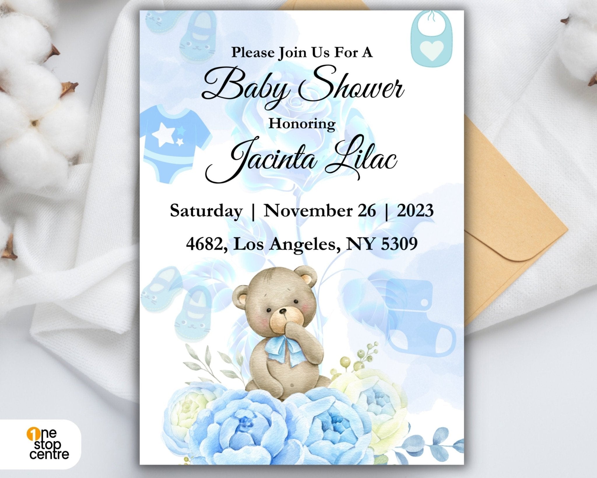 Blue teddy bear theme Canva invitation