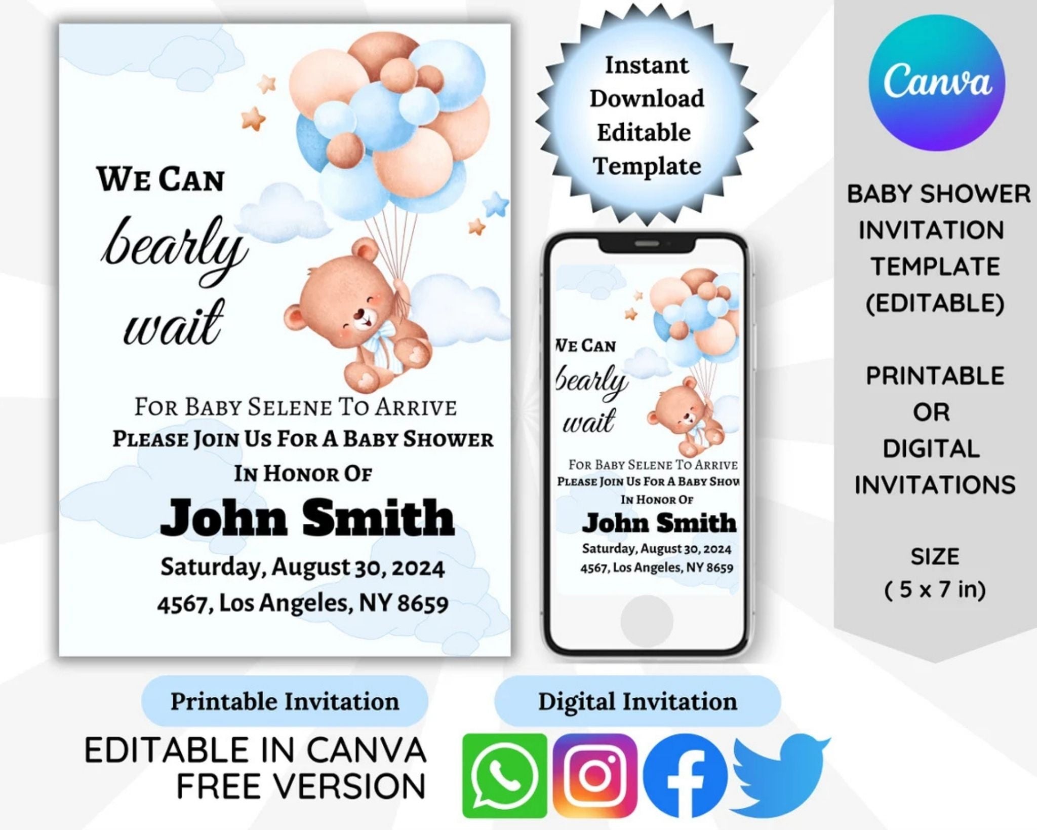 Blue teddy bear baby shower invitation editable template Canva 5x7