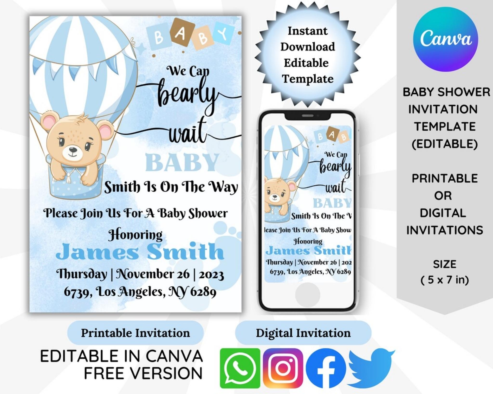 Baby shower invitation template with teddy bear and hot air balloon design, featuring Canva branding.