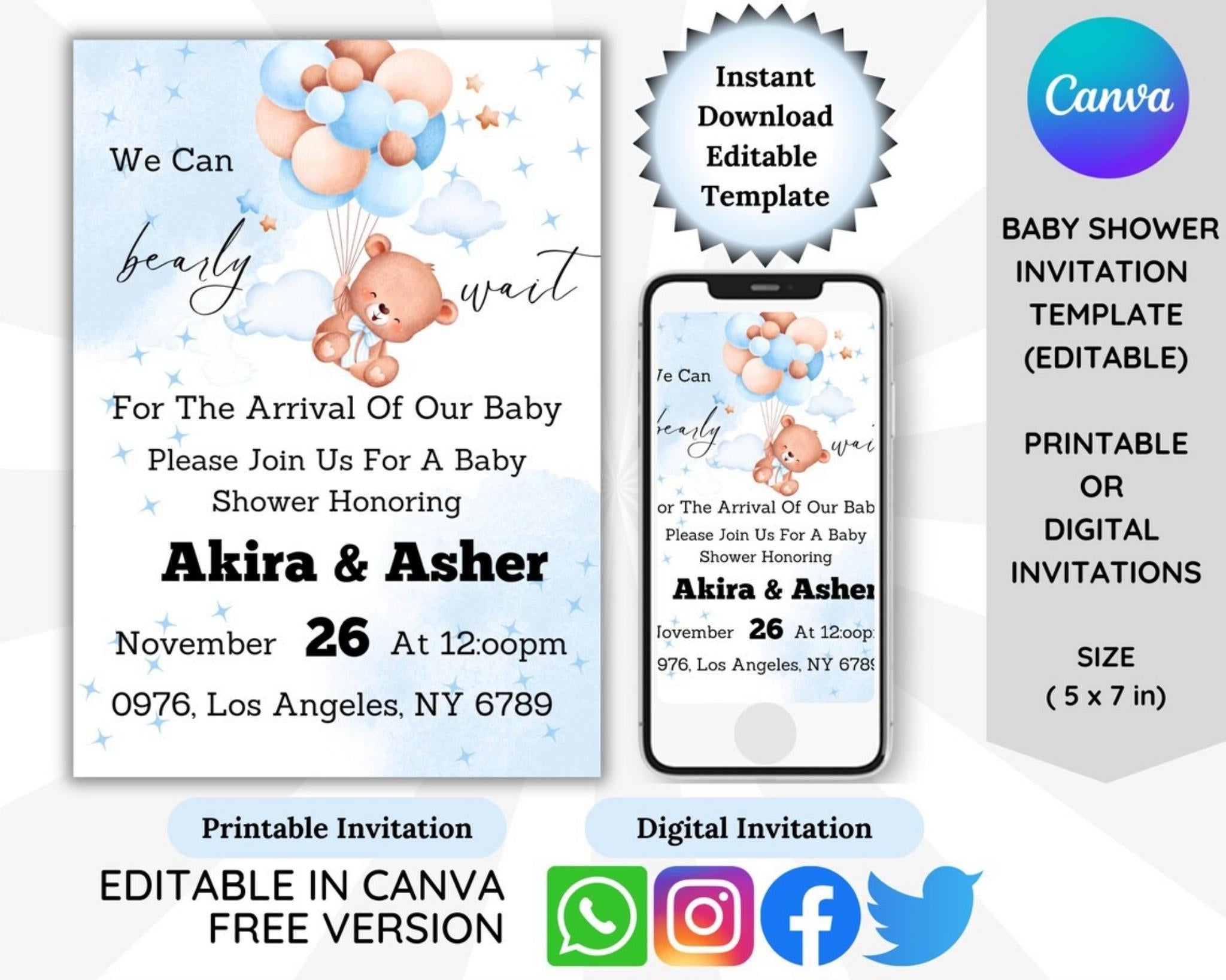 Blue stars and teddy bear baby shower invitation editable Canva template 5x7