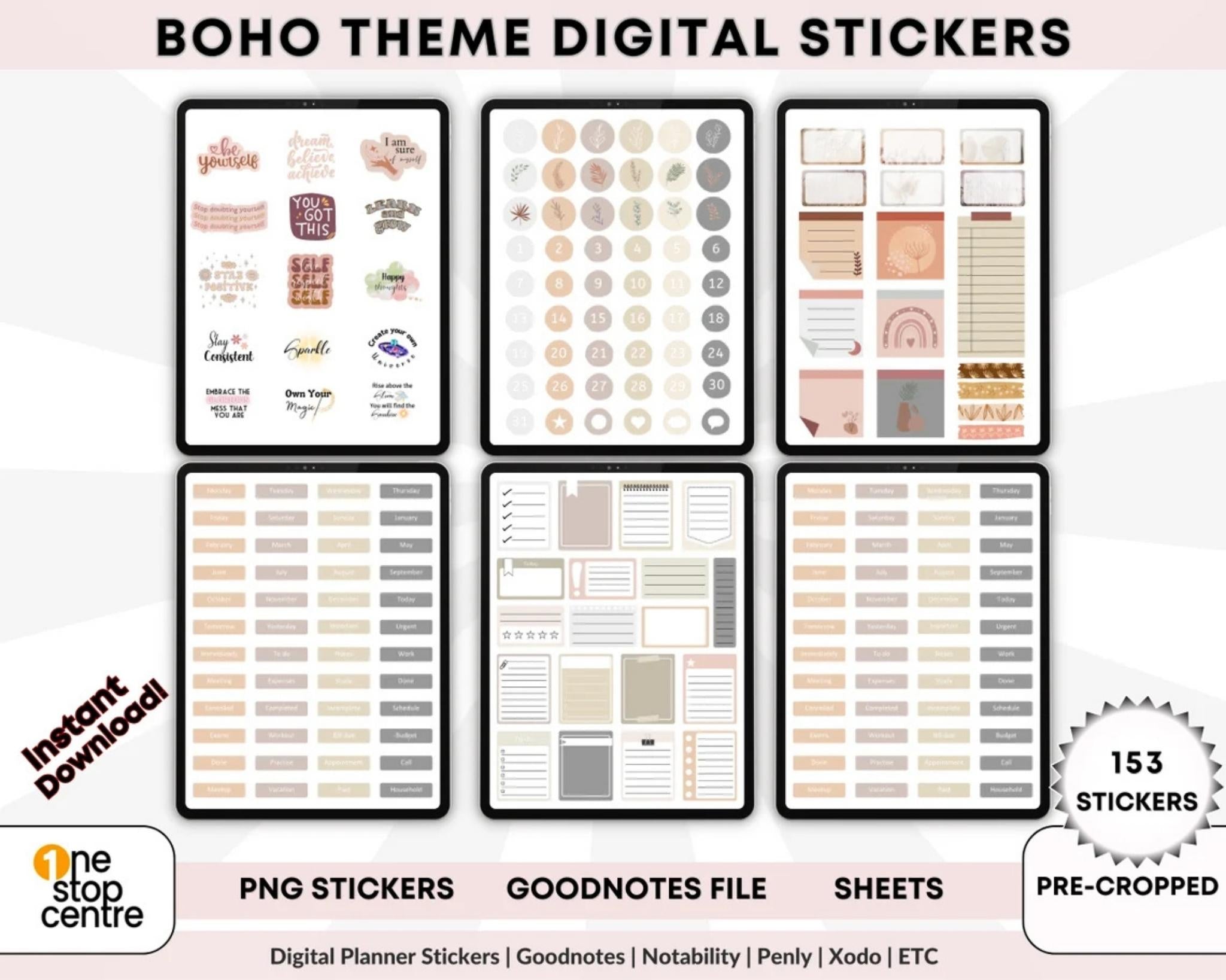 153 Boho digital planner stickers displayed in Goodnotes Elements panel