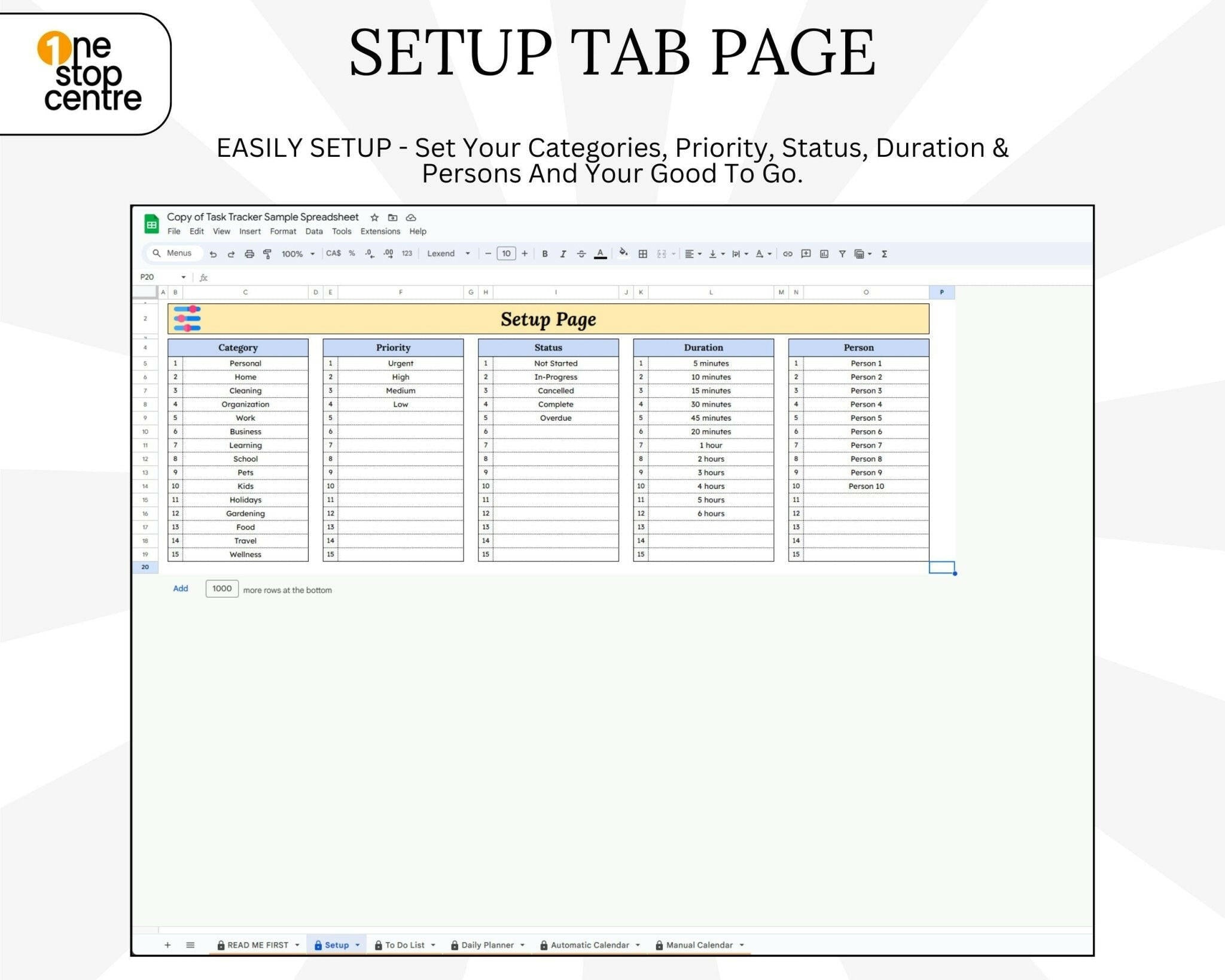 Sample task planner with color-coded categories