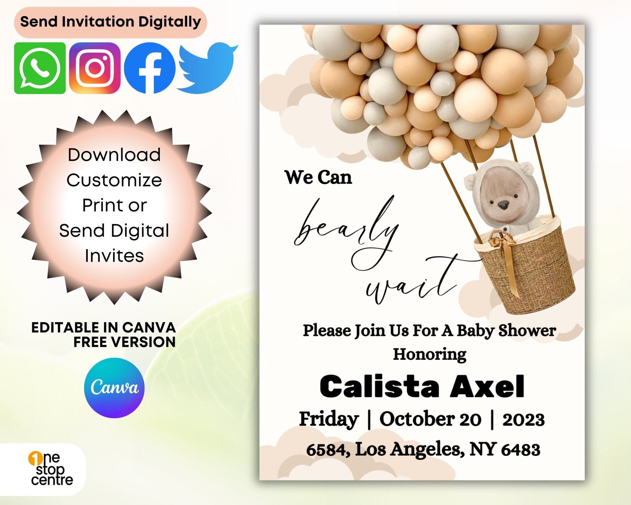 Printable baby shower invitation on desk