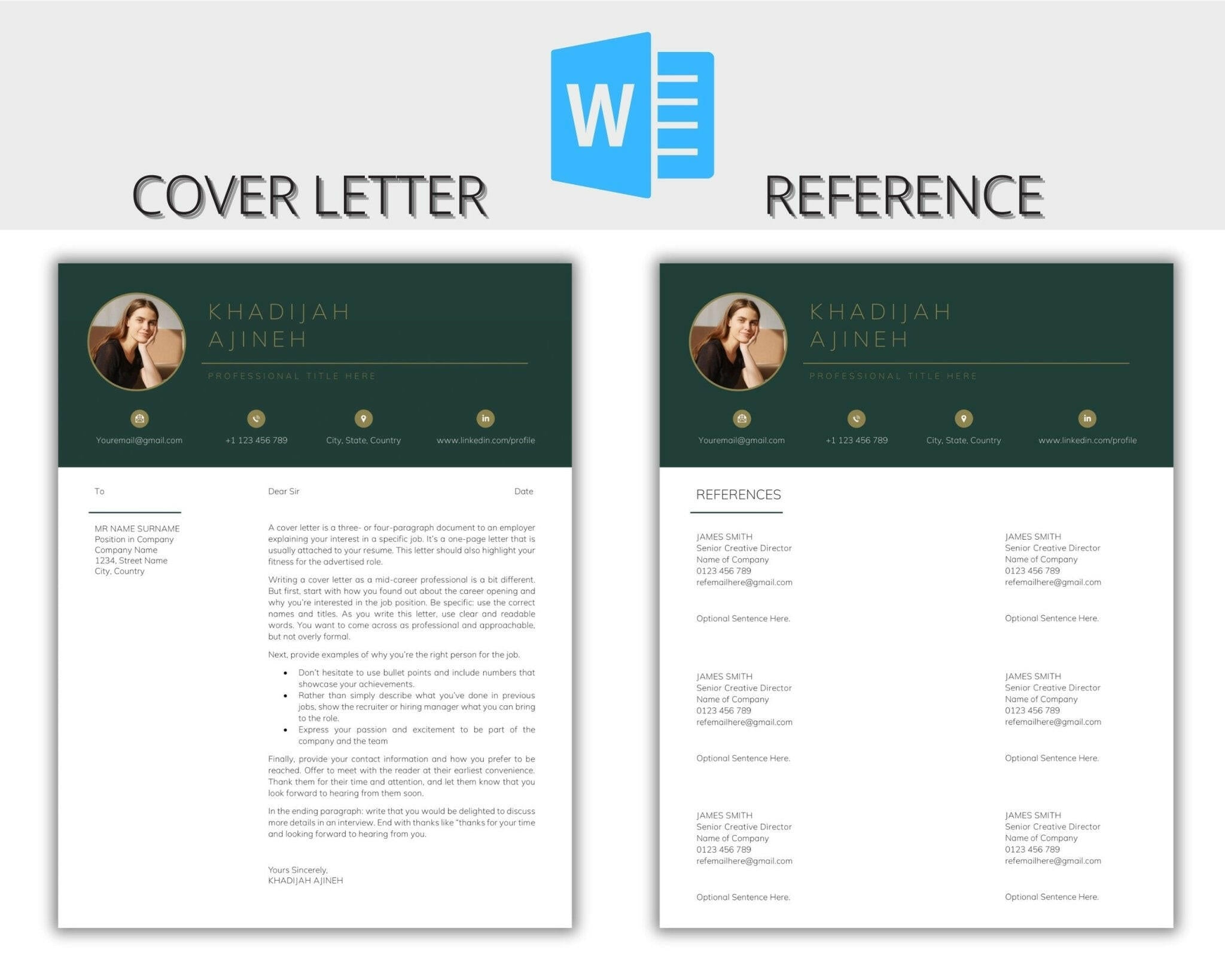 Cover letter and reference page Word Resume Template – Minimalist Style